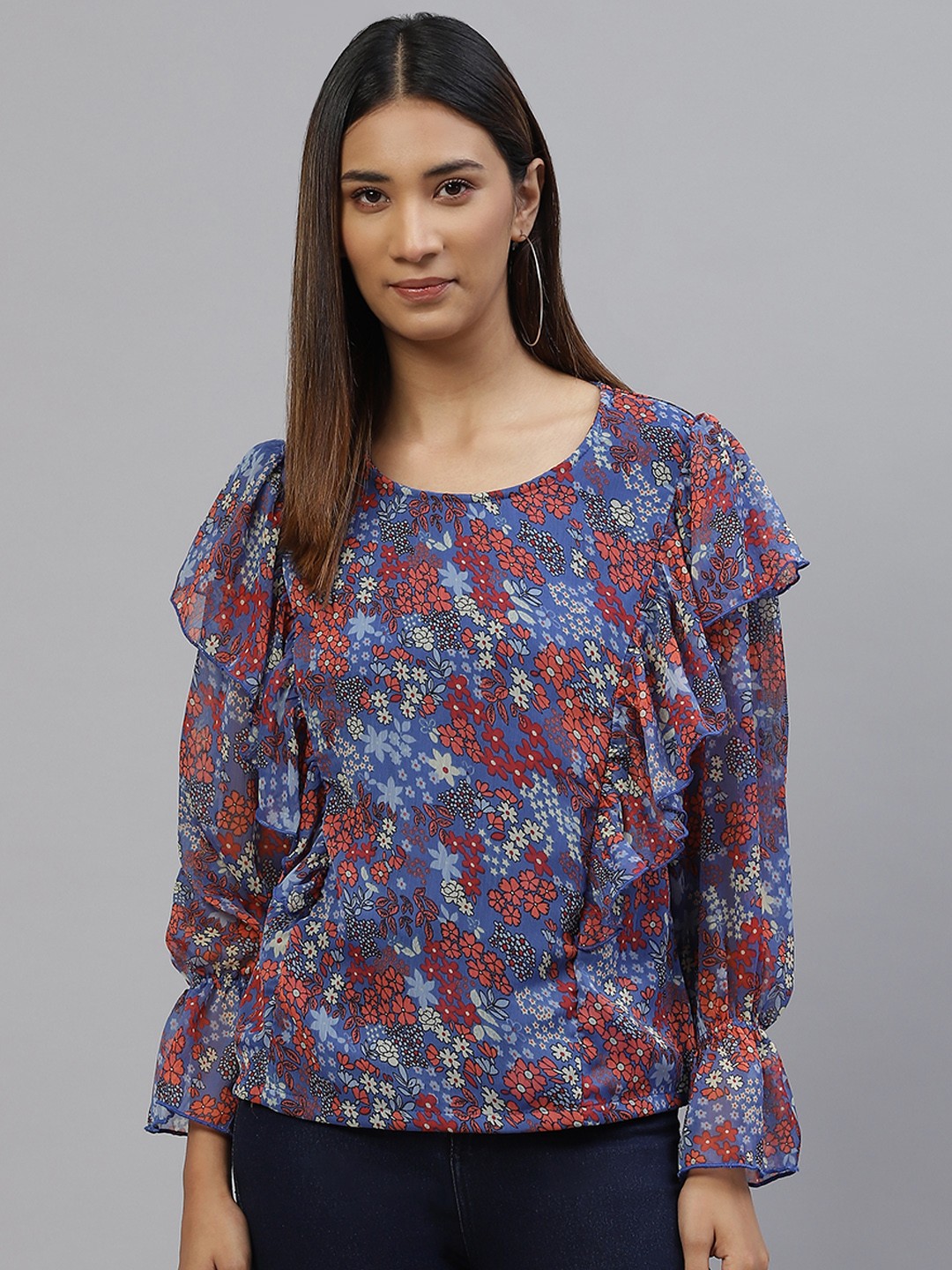 

plusS Blue & Orange Floral Print Top