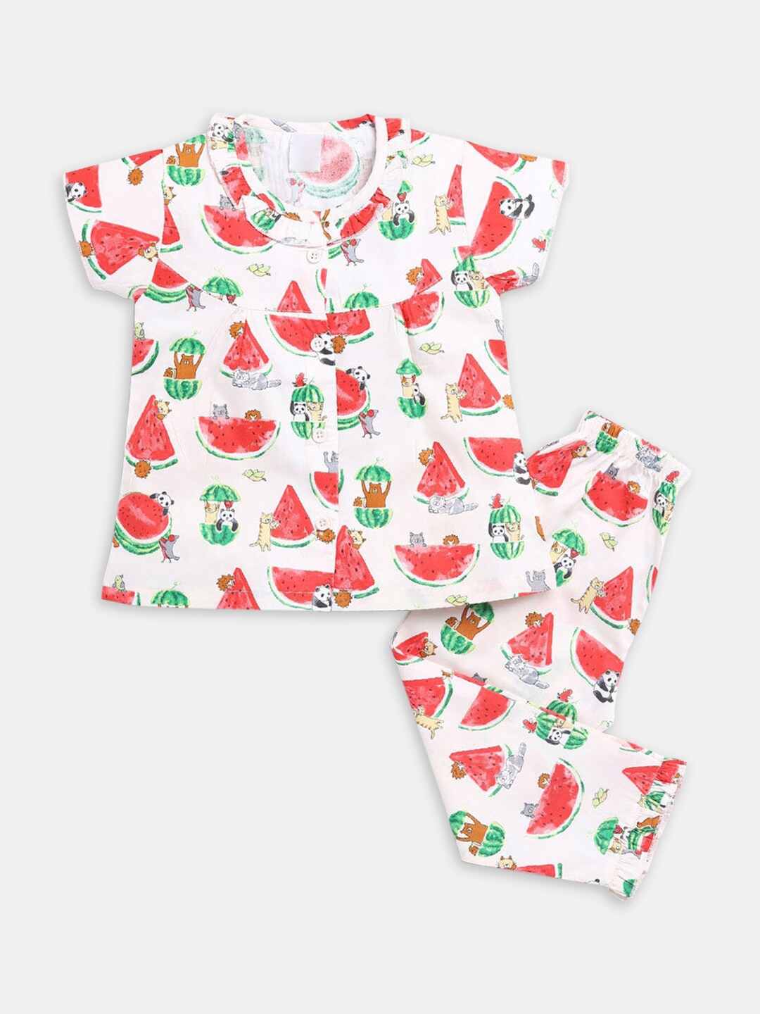 

Hopscotch Girls White & Red Printed Night suit