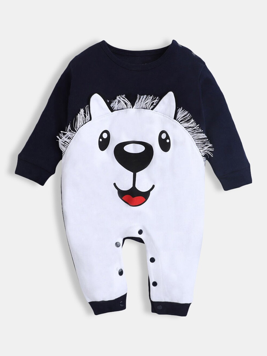 

Hopscotch Infant Boys Navy Blue & White Printed Pure-Cotton Romper
