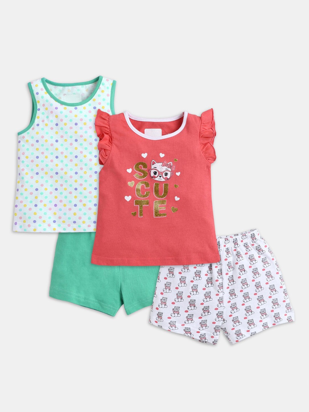 

Hopscotch Girls Pack of 2 Coral & Green Printed Night suit