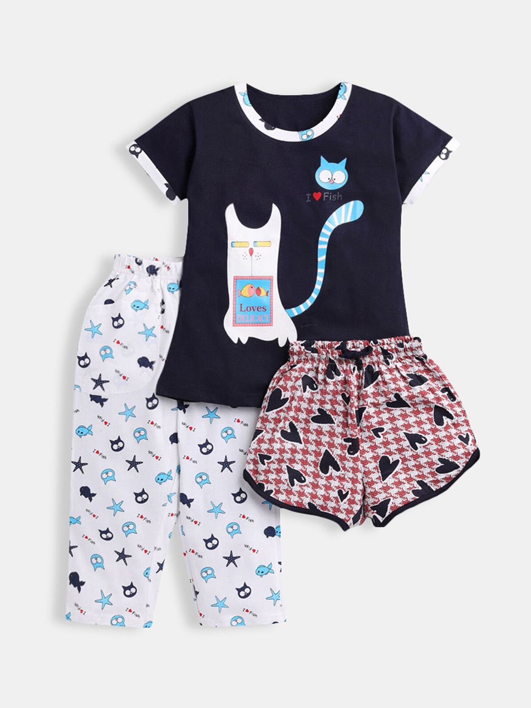 

Hopscotch Girls Navy Blue & White Printed Night suit