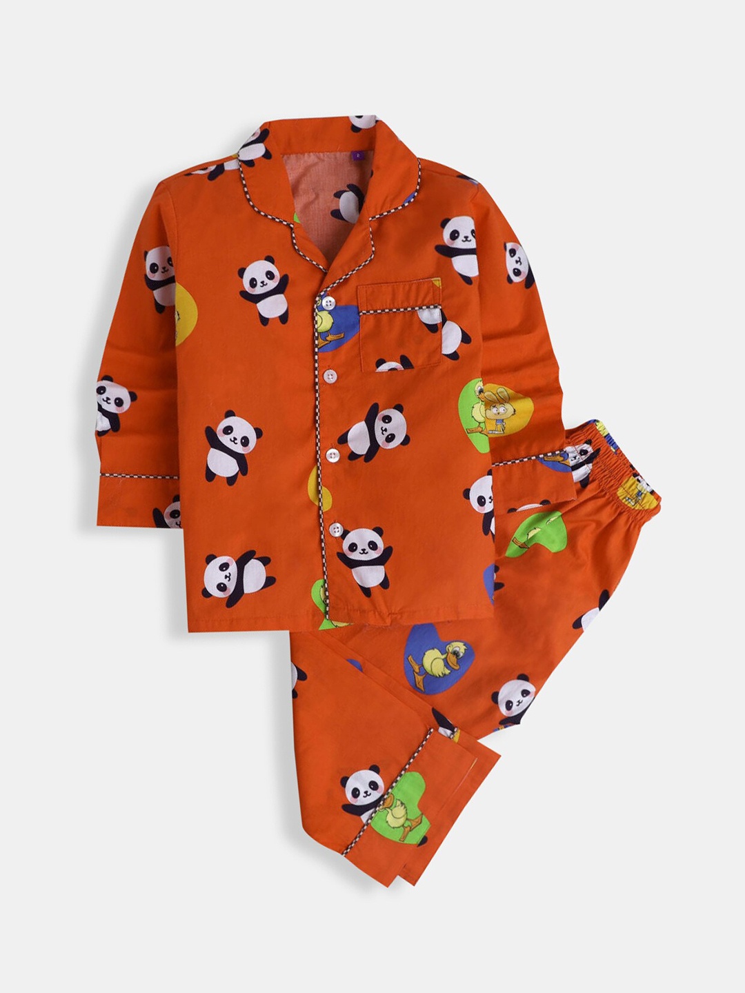 

Hopscotch Unisex Kids Orange & Black Cotton Printed Night suit