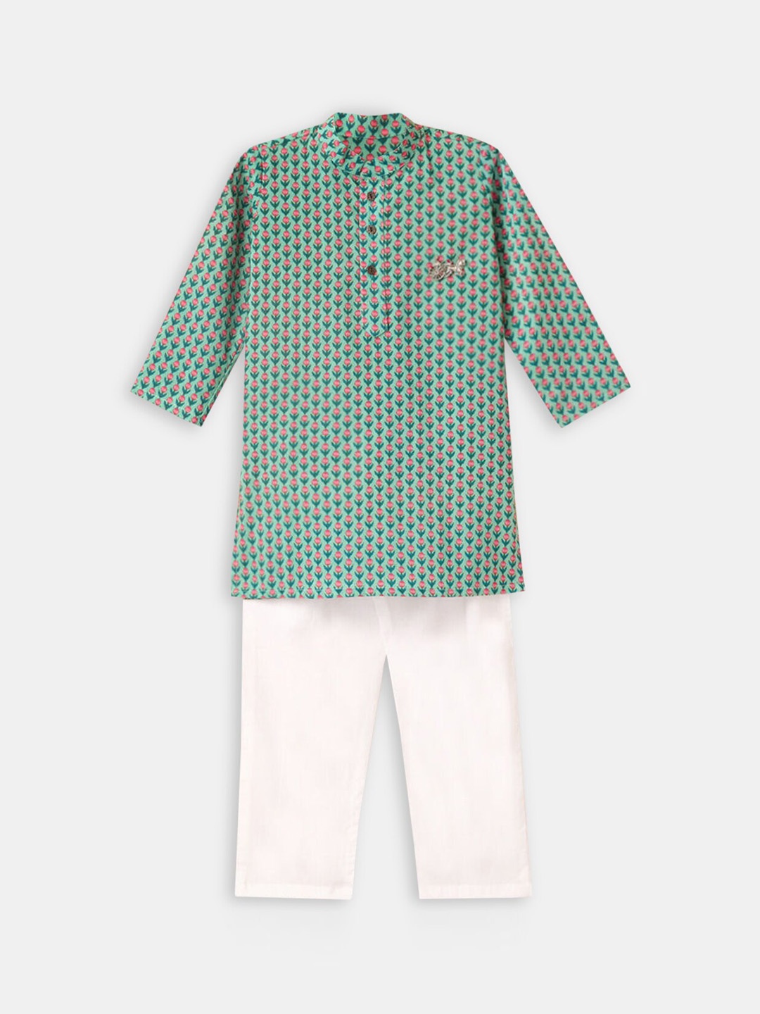 

Hopscotch Boys Green Floral Printed Pure Cotton Kurta with Pyjamas