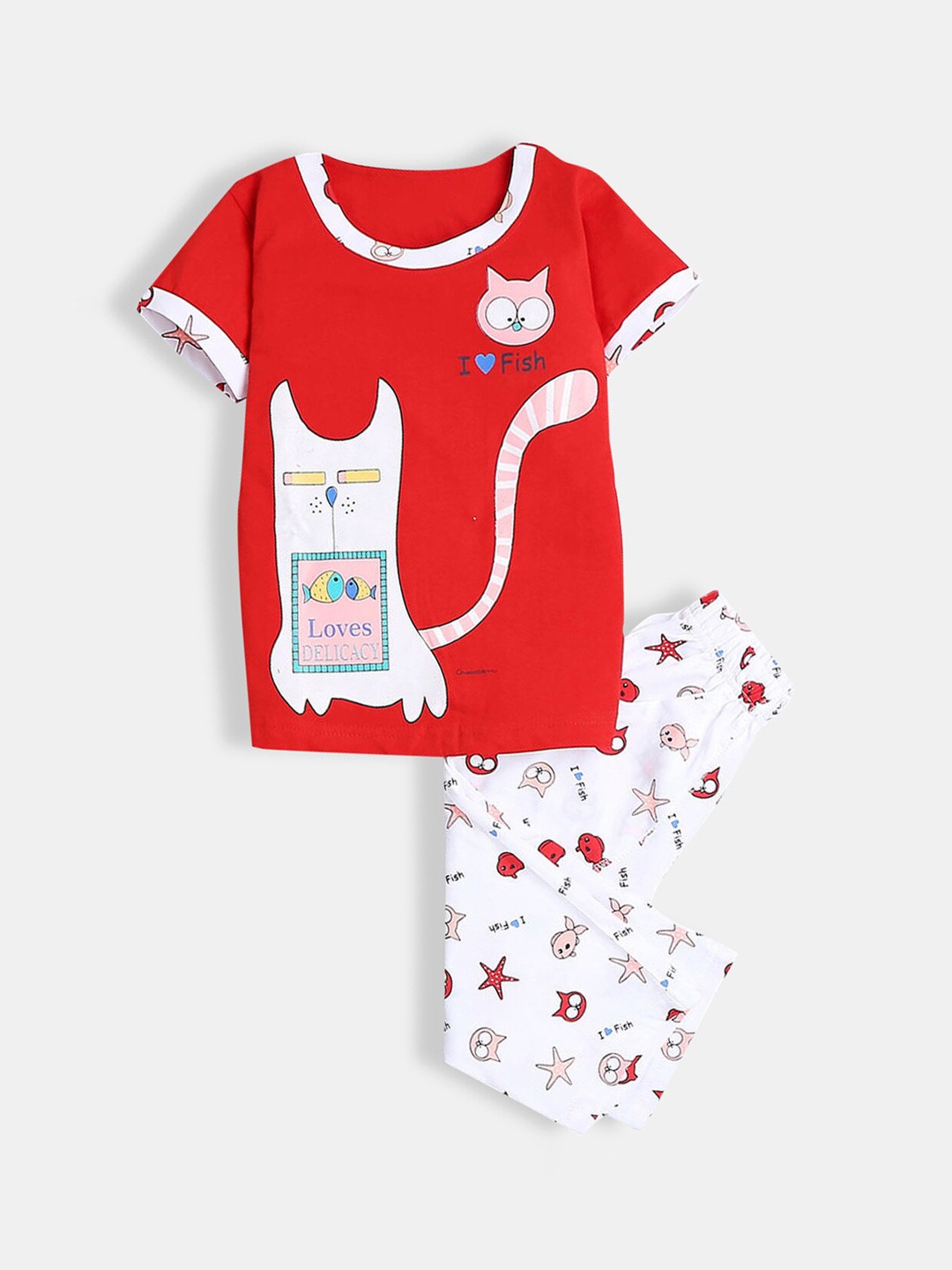 

Hopscotch Girls Pink & White Printed Night Suit