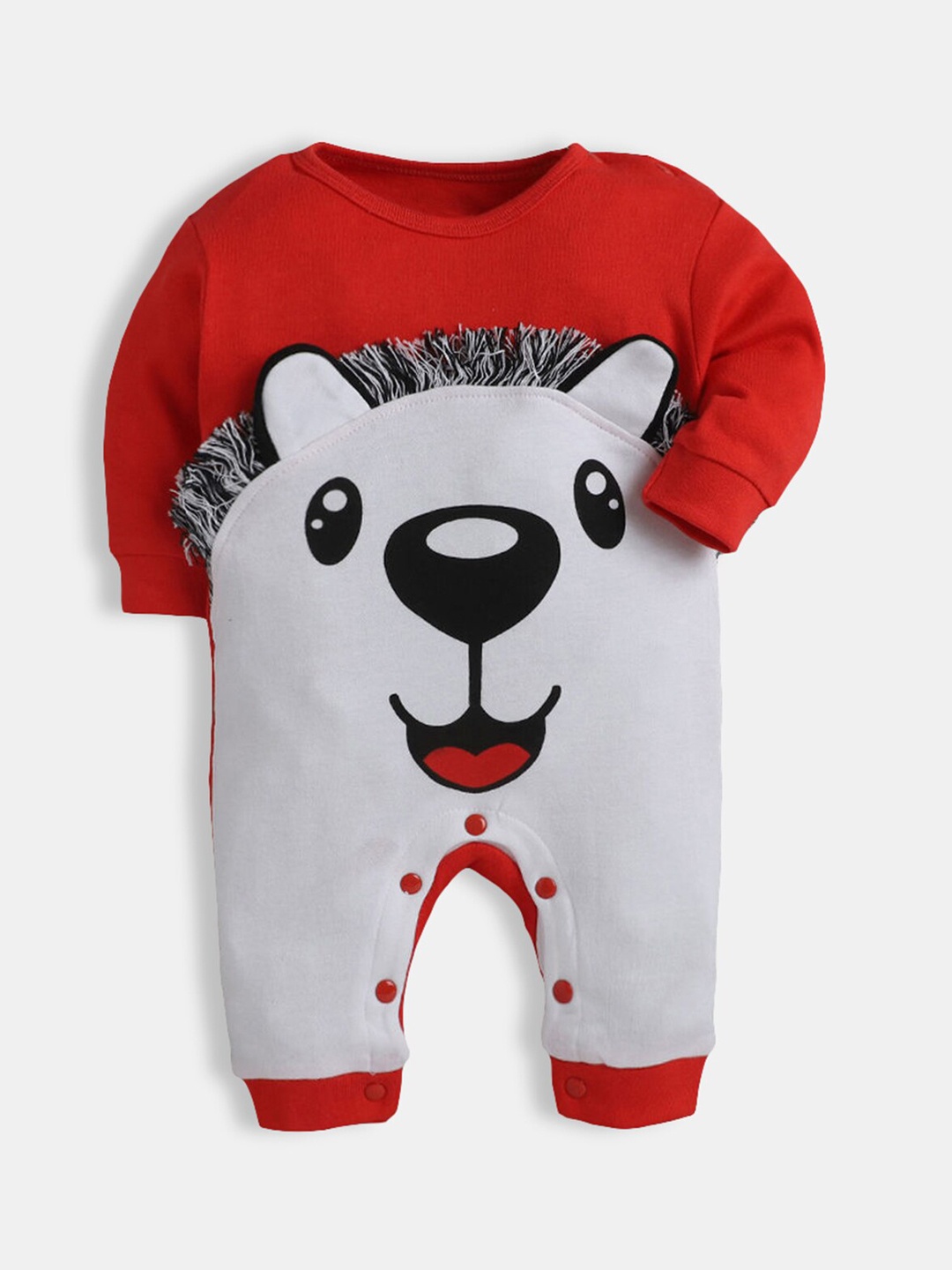 

Hopscotch Infant Boys Red and Grey Animal Applique Pure Cotton Rompers