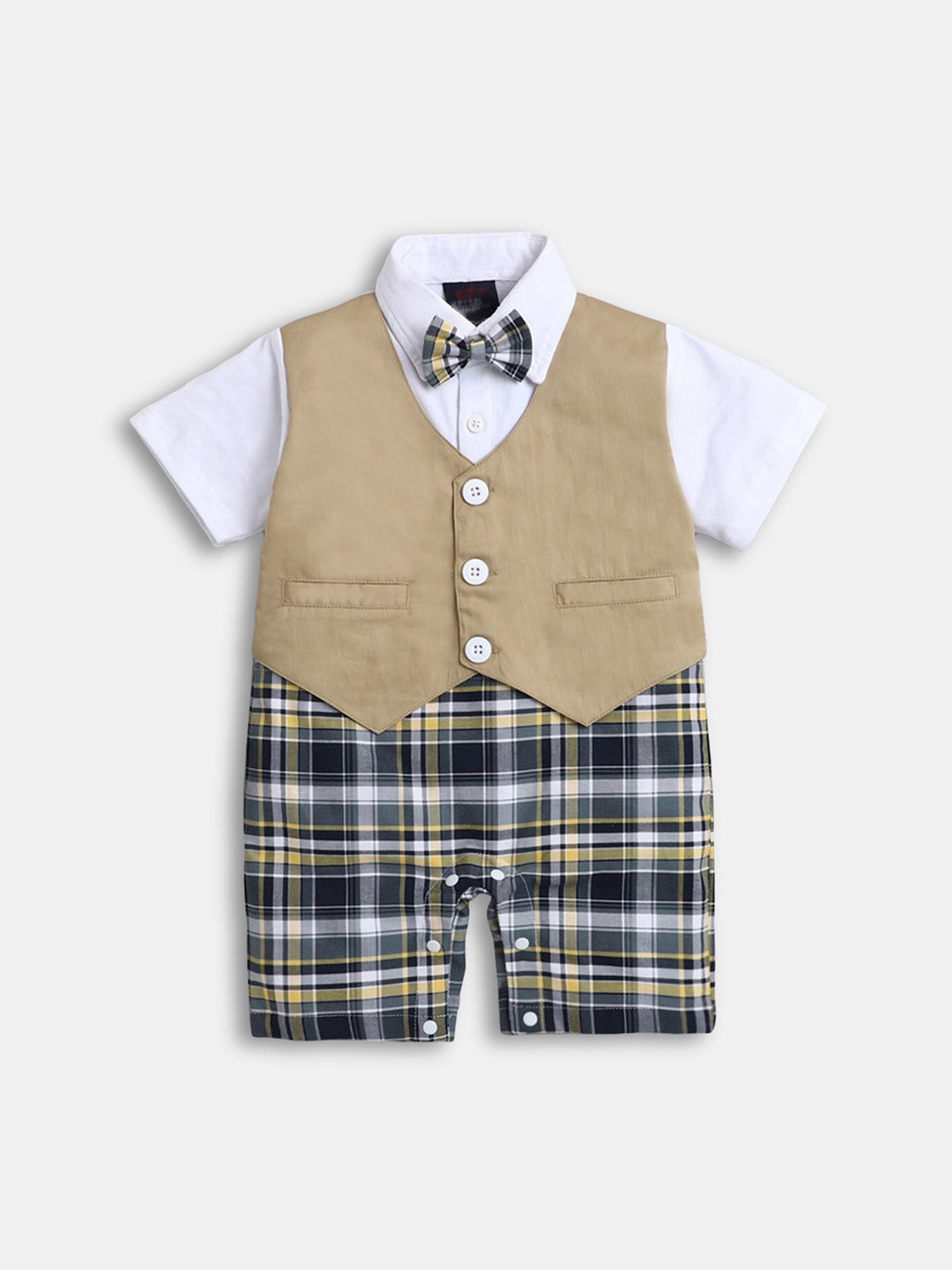 

Hopscotch Infant Boys Khaki & White Checked Cotton Romper