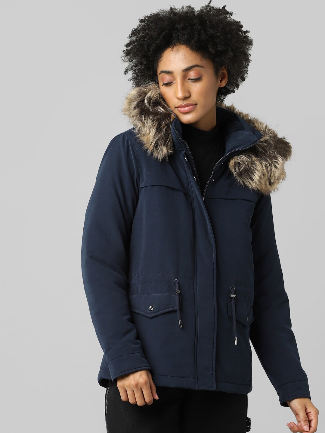

ONLY Women Blue Solid Hooded Fur Coats