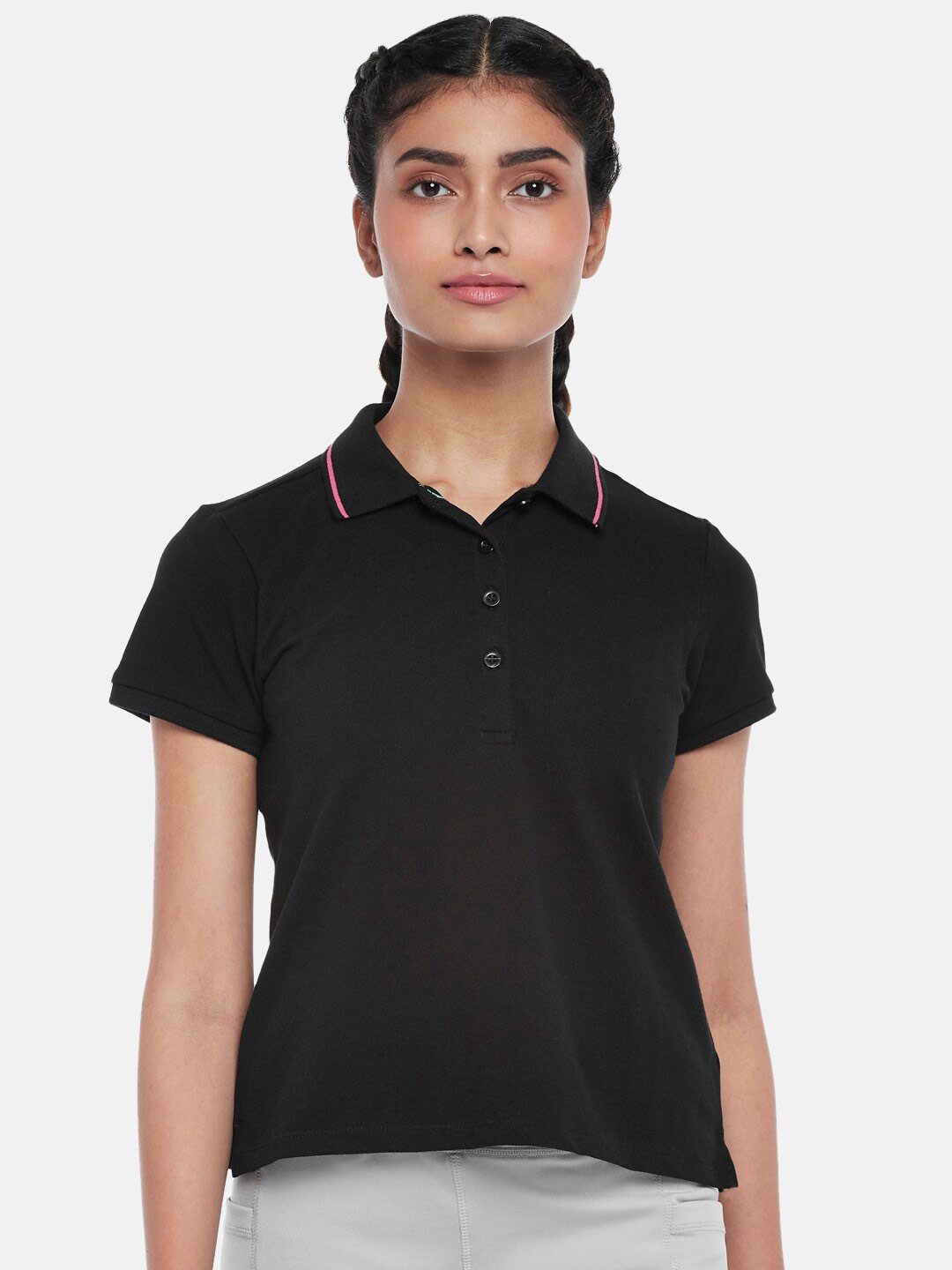 

Ajile by Pantaloons Women Black Polo Collar Loose T-shirt