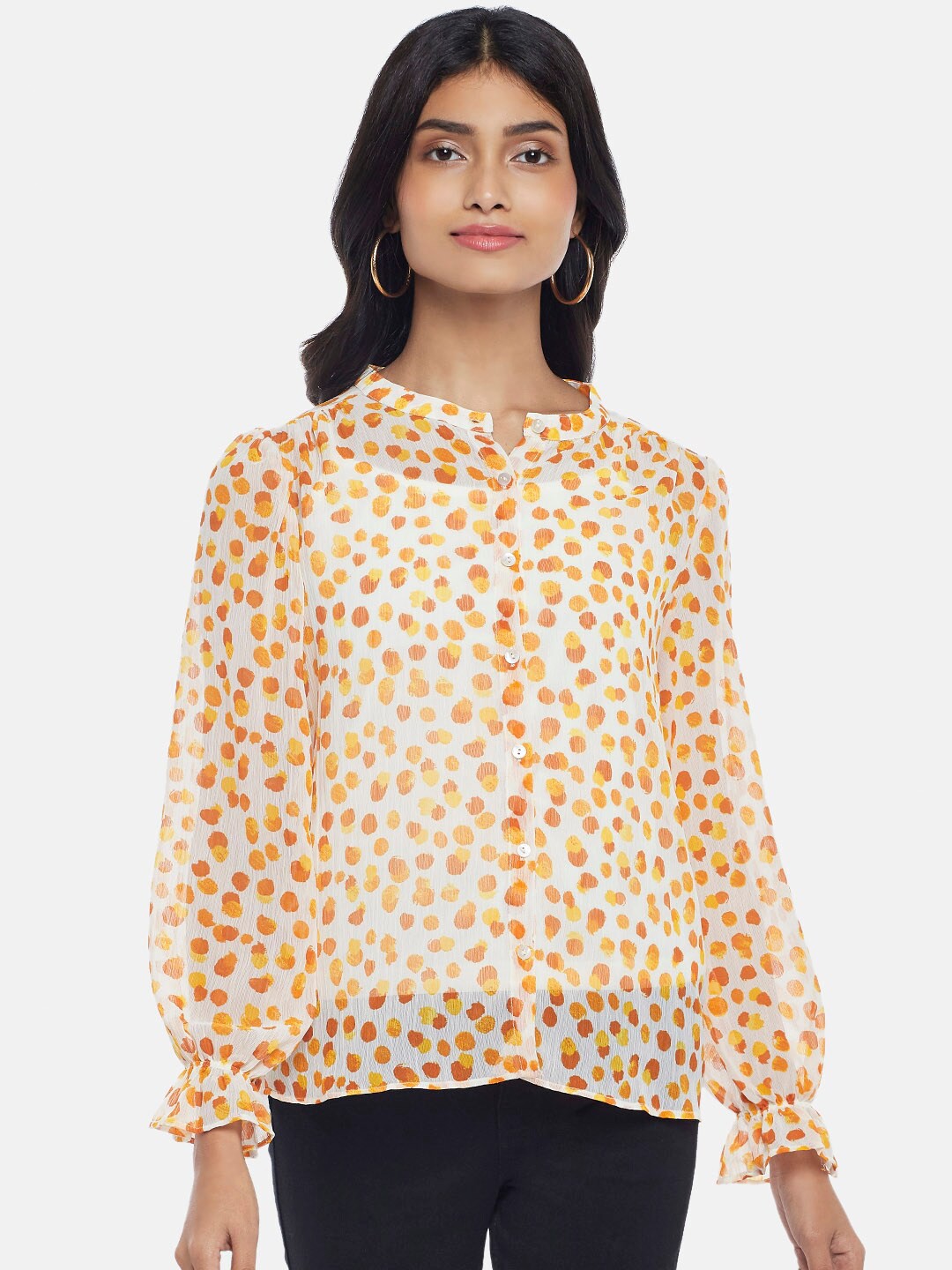 

Honey by Pantaloons Off White & Orange Animal Print Mandarin Collar Top