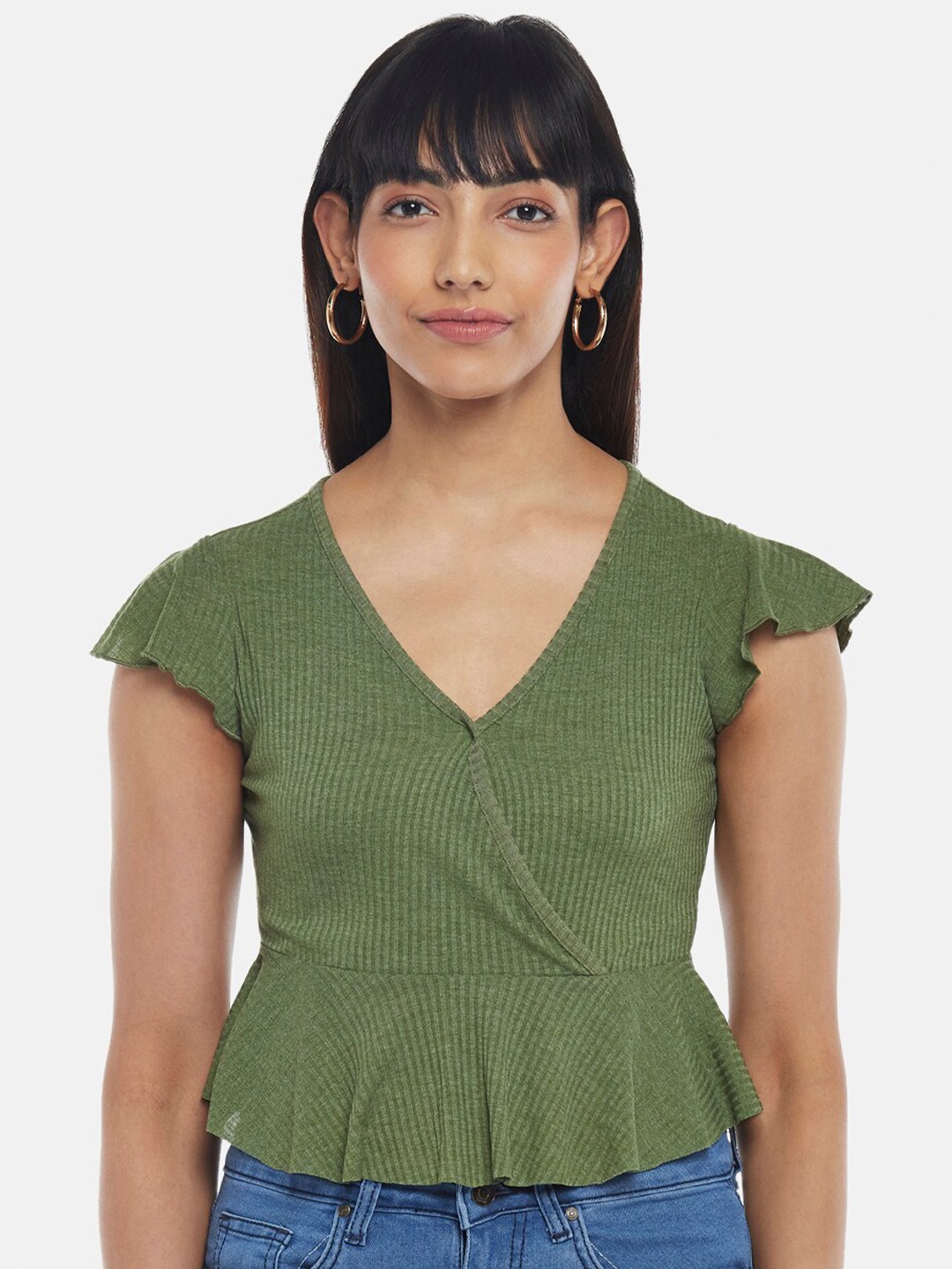 

People WOMEN Green Wrap Top