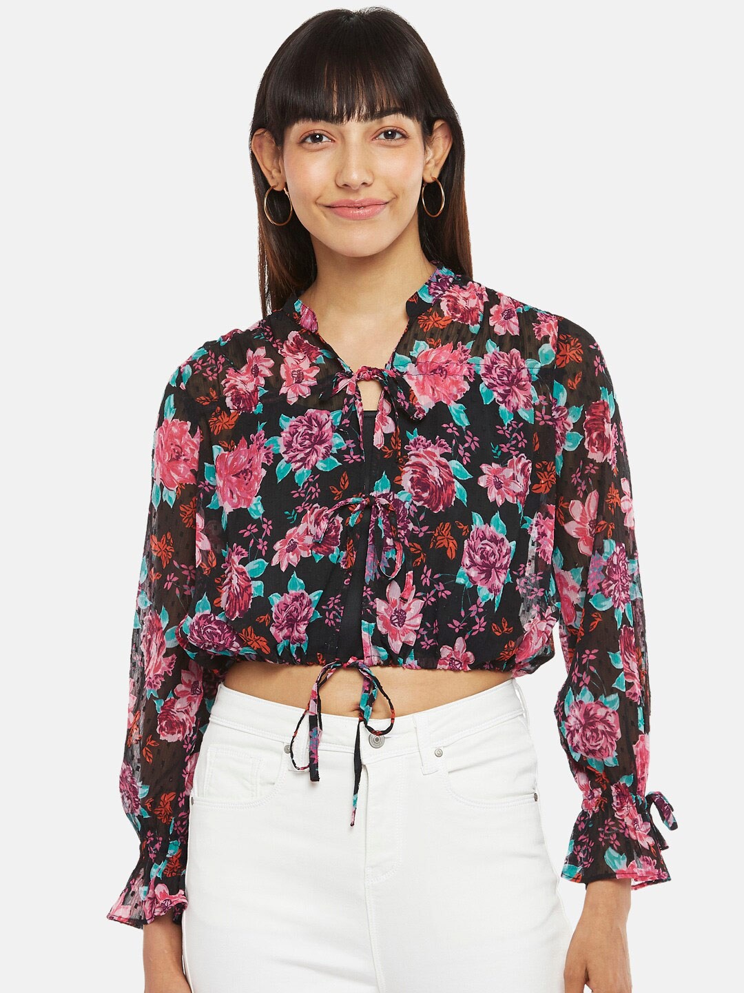 

People Black & Pink Floral Print Tie-Up Neck Blouson Crop Top