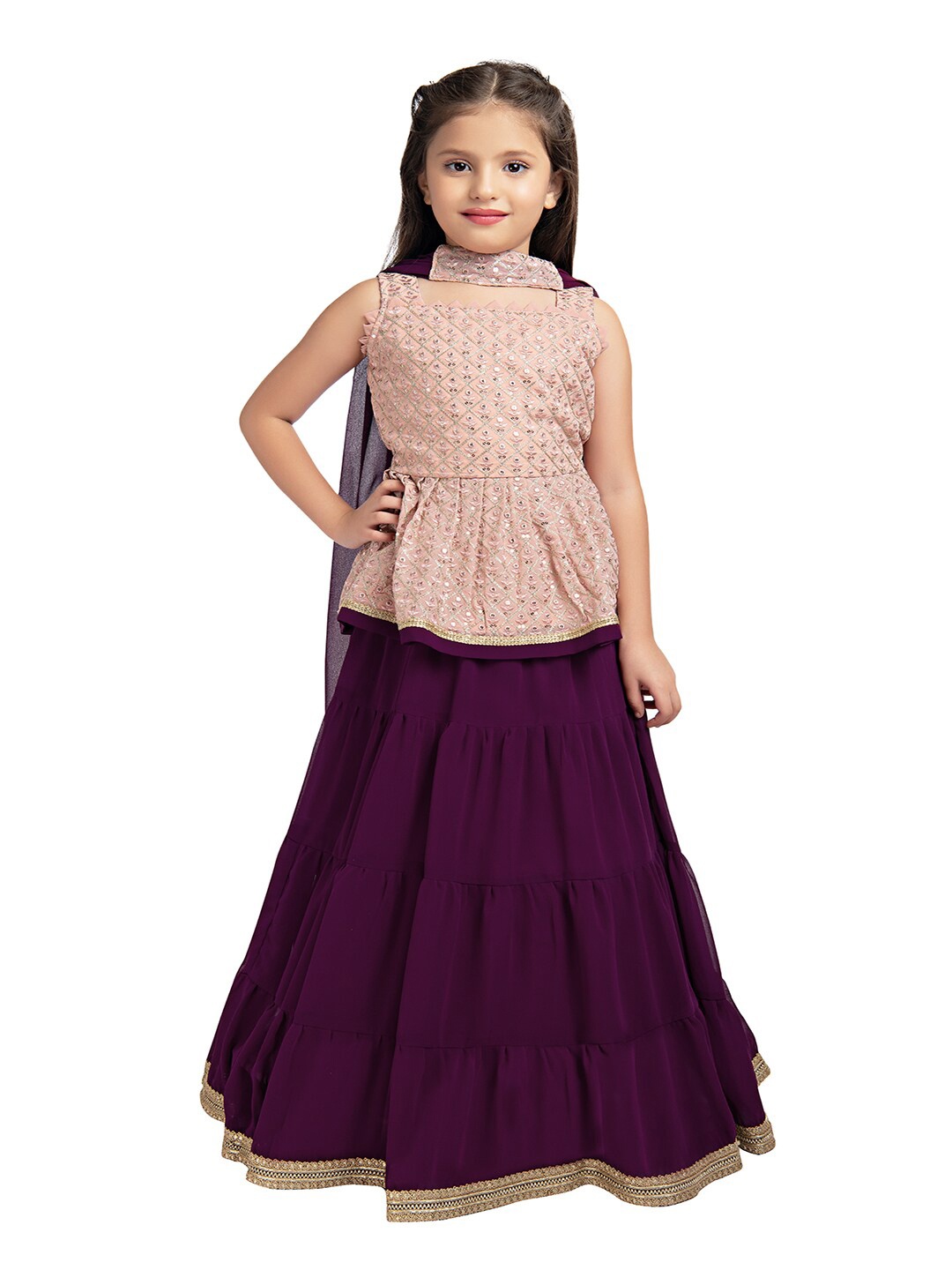 

BETTY Girls Burgundy & Peach-Coloured Printed Ready to Wear Lehenga & Blouse With Dupatta