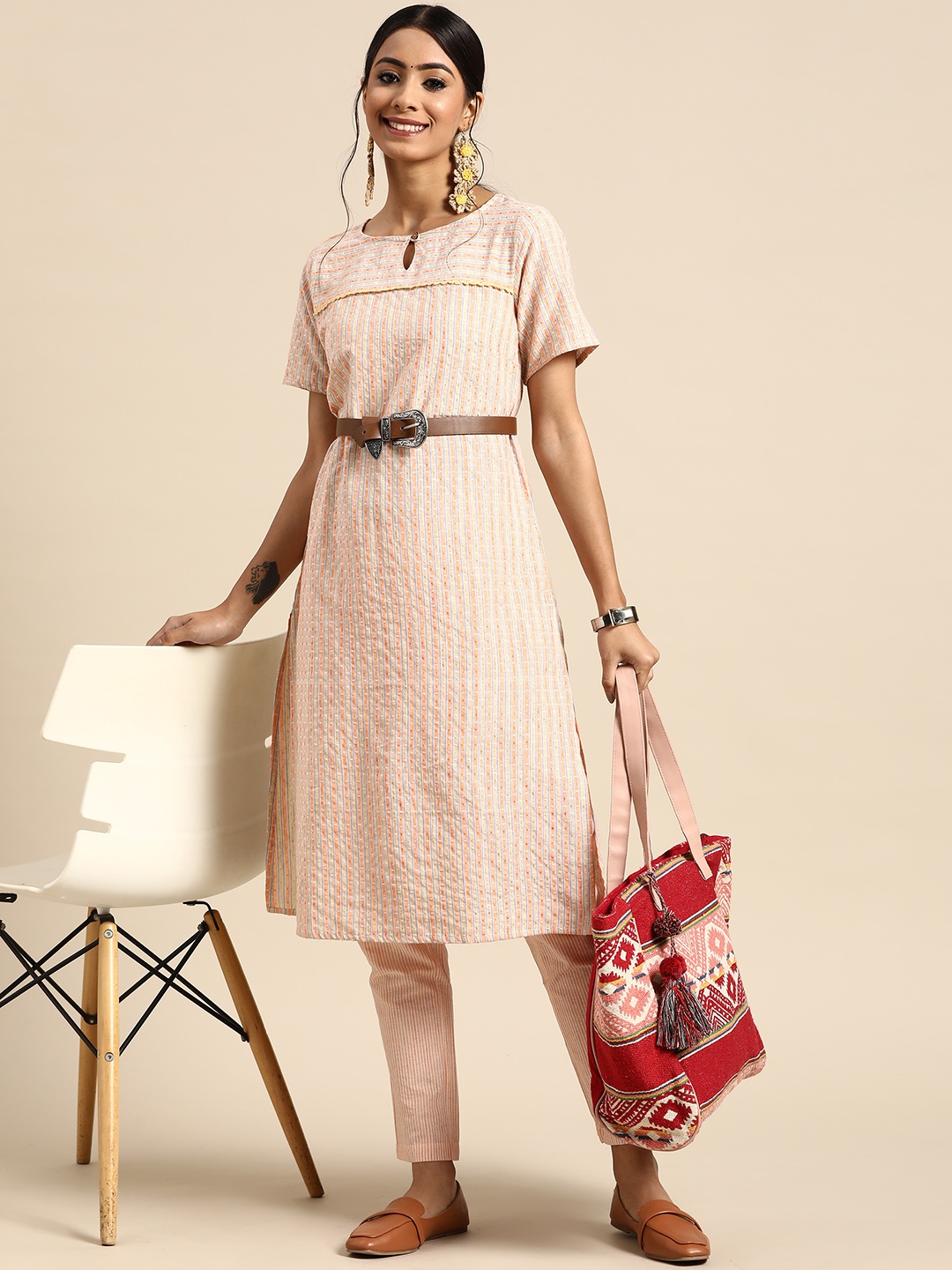 

Sangria Women Orange & Beige Striped Dobby Woven Design Kurta with Trousers