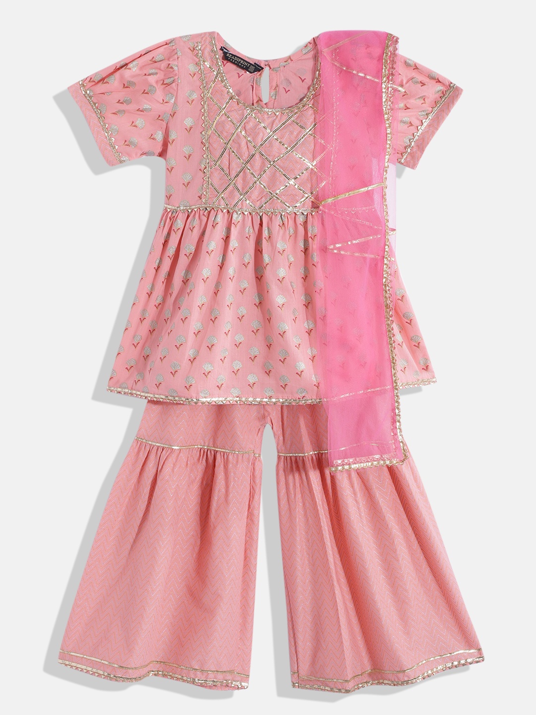 

Readiprint Girls Pink Printed Empire Gotta Patti Pure Cotton Kurta with Sharara & With Dupatta