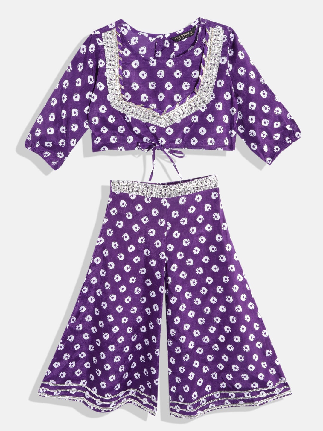 

Readiprint Fashions Girls Purple Bandhani Printed Gotta Patti Top with Palazzos