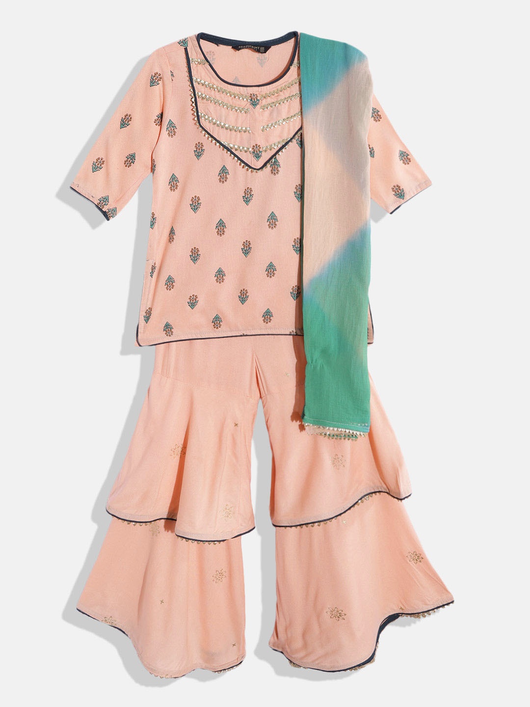 

Readiprint Fashions Girls Peach-Coloured Floral Printed Gotta Patti Kurta with Sharara & With Dupatta