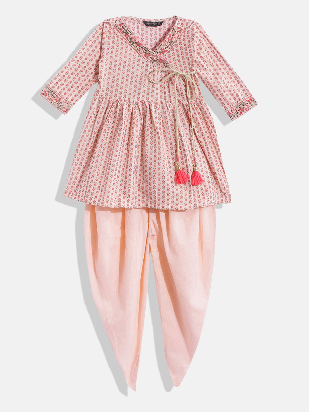 

Readiprint Fashions Girls Pink Floral Printed Angrakha Pure Cotton Kurta with Dhoti Pants