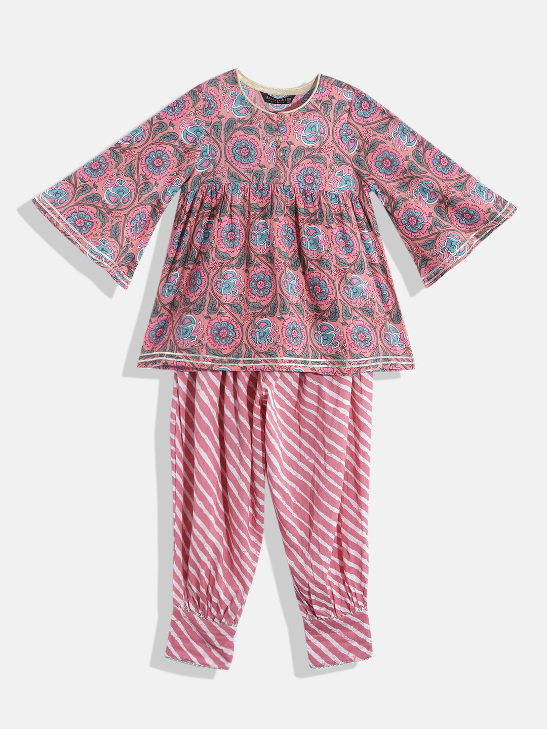 

Readiprint Fashions Girls Pink Floral Printed Empire Gotta Patti Pure Cotton Kurti with Harem Pants