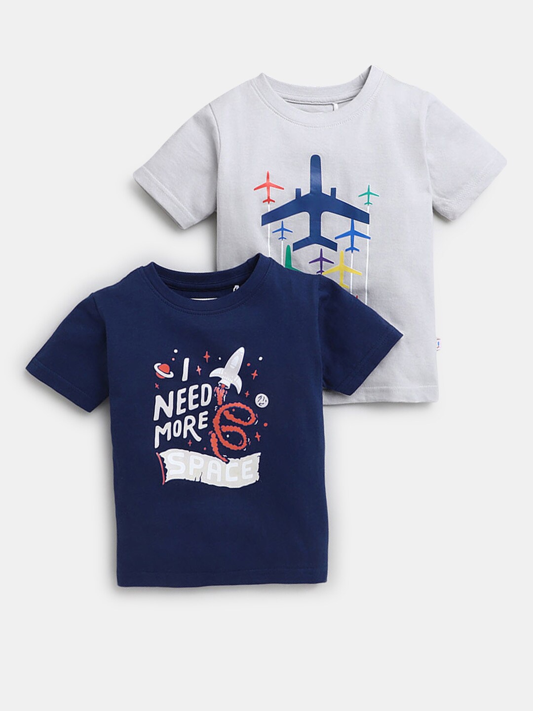 

Hopscotch Boys Navy Blue & Grey Typography 2 Printed Indigo Raw Edge T-shirt