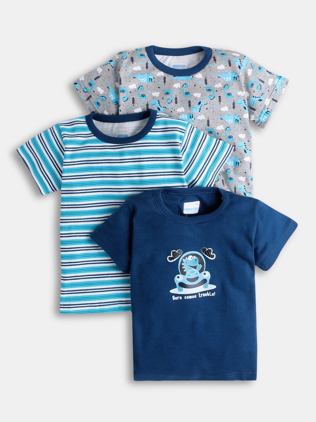 

Hopscotch Boys Navy Blue and Grey Set of 3 Printed Round Neck T-shirts