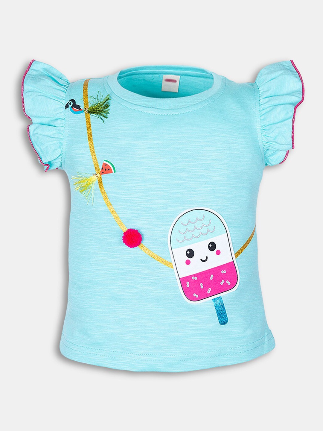 

Hopscotch Girls Blue Graphic Print Embellished Applique Cotton T-shirt
