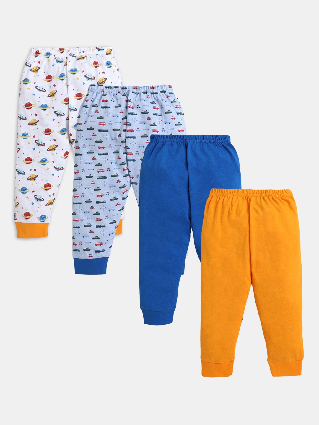 

Hopscotch Pack Of 4 Boys Navy Blue & Yellow Printed Cotton Joggers