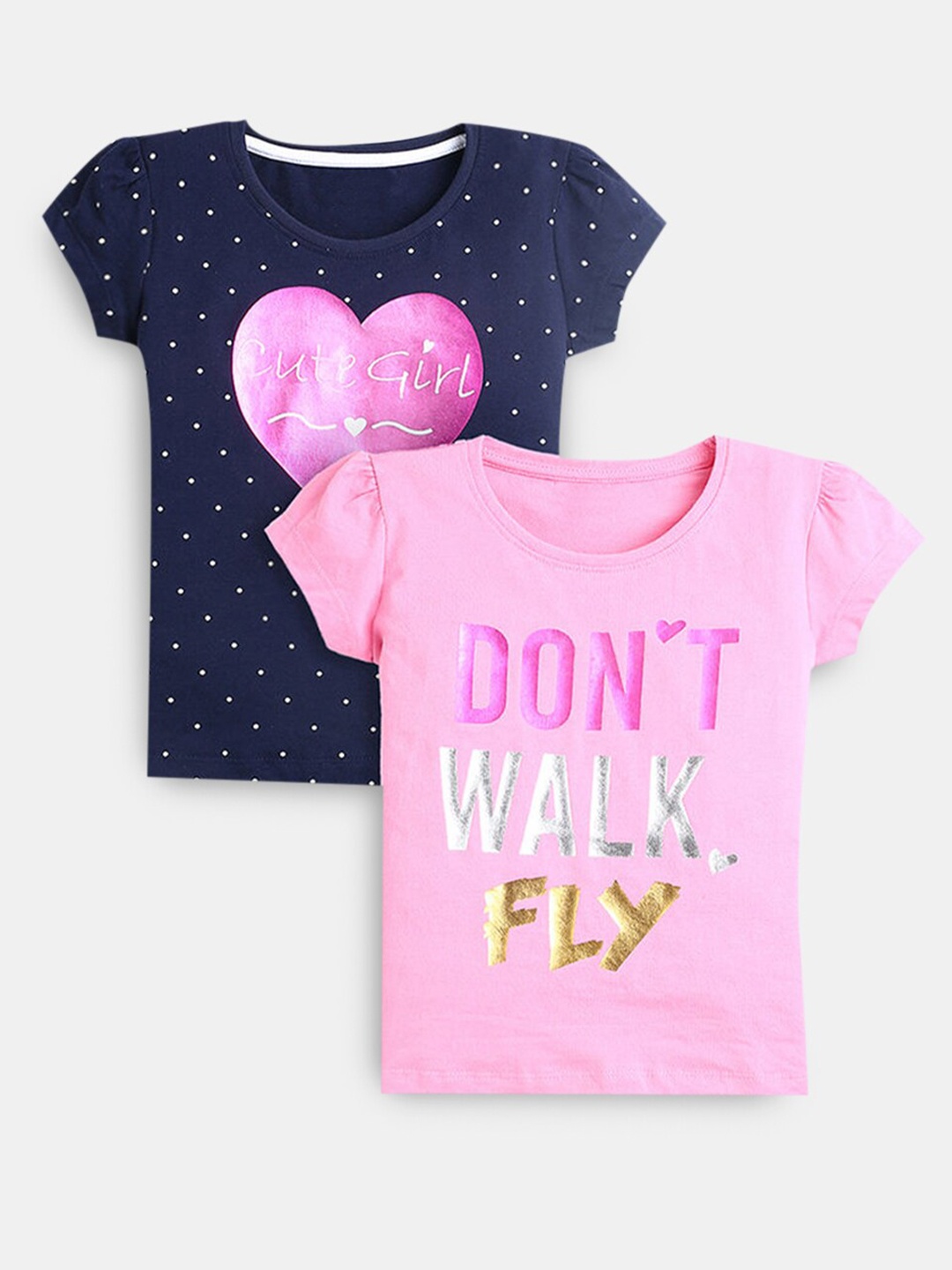 

Hopscotch Girls Pack of 2 Navy Blue & Pink Printed Pure Cotton T-shirt