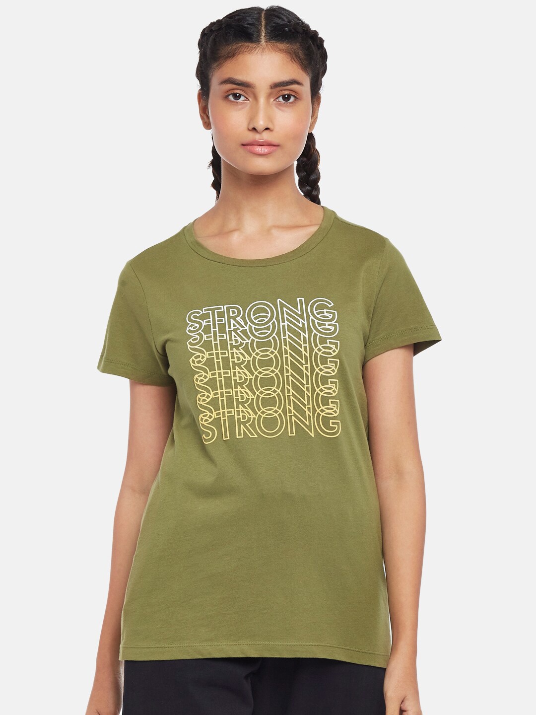 

Ajile by Pantaloons Women Olive Green & White Typography Printed T-shirt