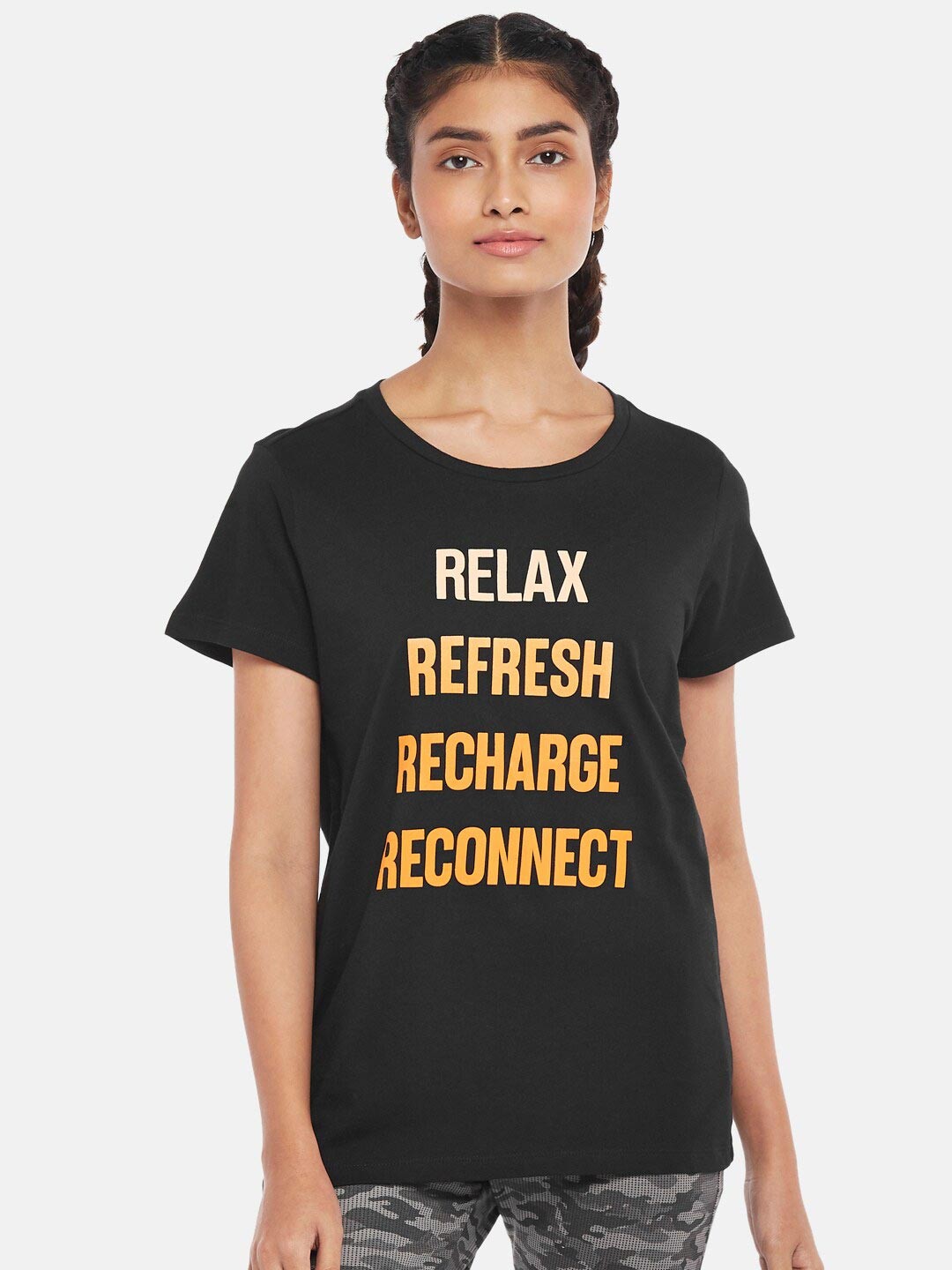

Ajile by Pantaloons Women Black Typography Printed Extended Sleeves Raw Edge T-shirt