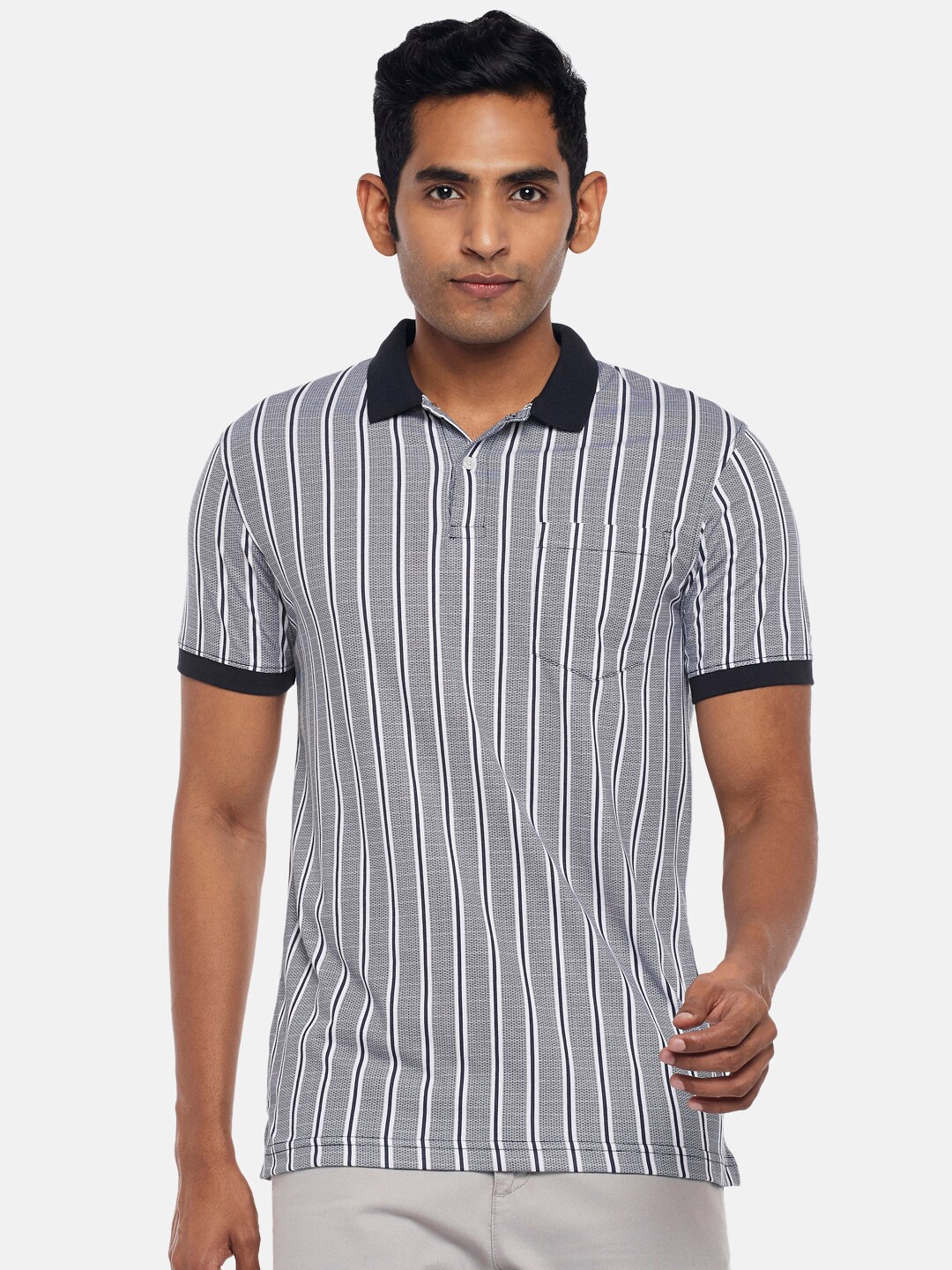 

BYFORD by Pantaloons Men Navy Blue Striped Polo Collar Slim Fit T-shirt