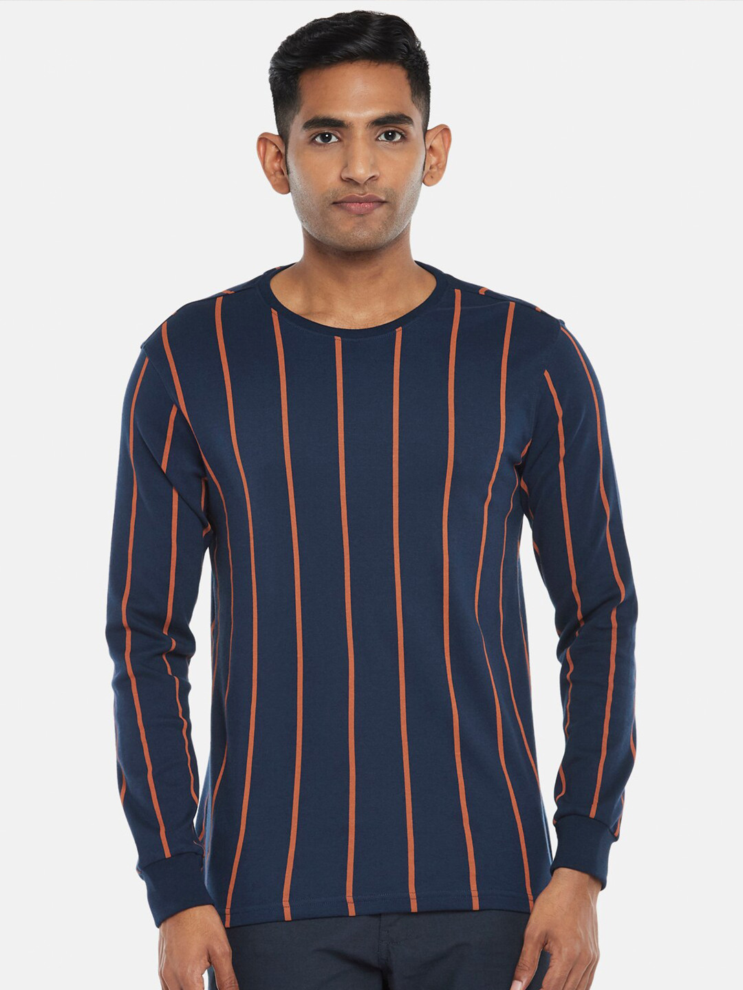 

BYFORD by Pantaloons Men Navy Blue & Orange Striped Slim Fit T-shirt