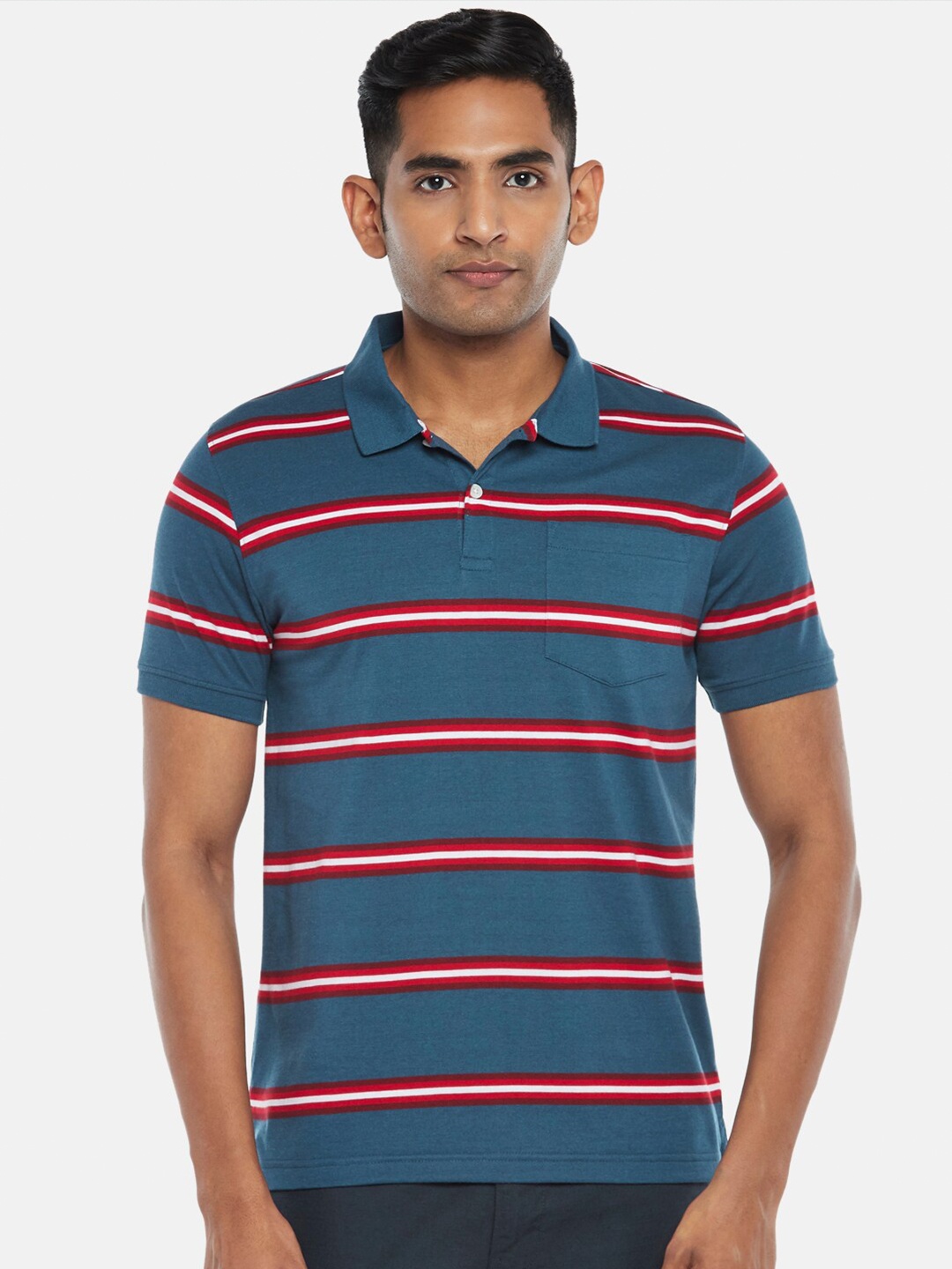 

BYFORD by Pantaloons Men Blue Striped Polo Collar Slim Fit Cotton T-shirt