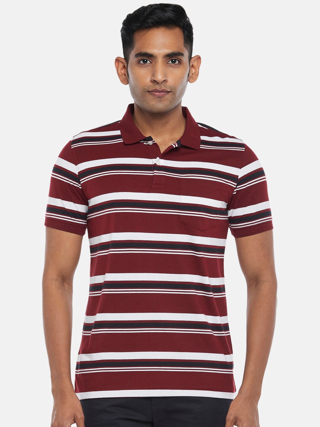 

BYFORD by Pantaloons Men Maroon & White Striped Cotton Polo Collar Slim Fit T-shirt