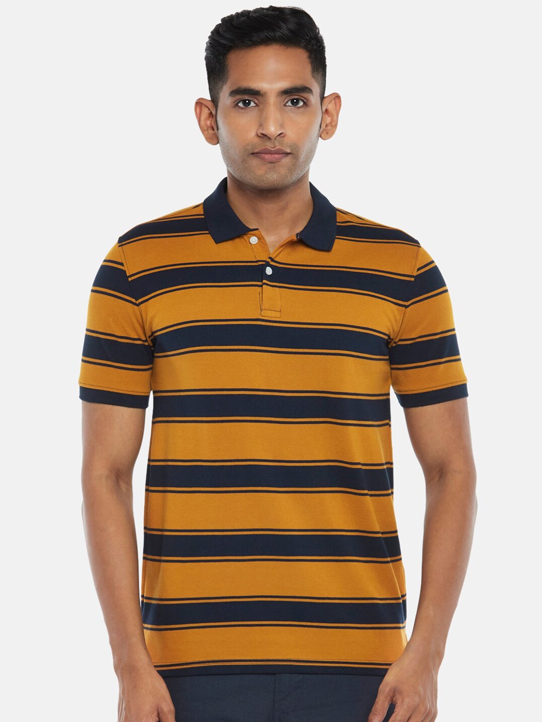 

BYFORD by Pantaloons Men Orange Striped Polo Collar Slim Fit T-shirt