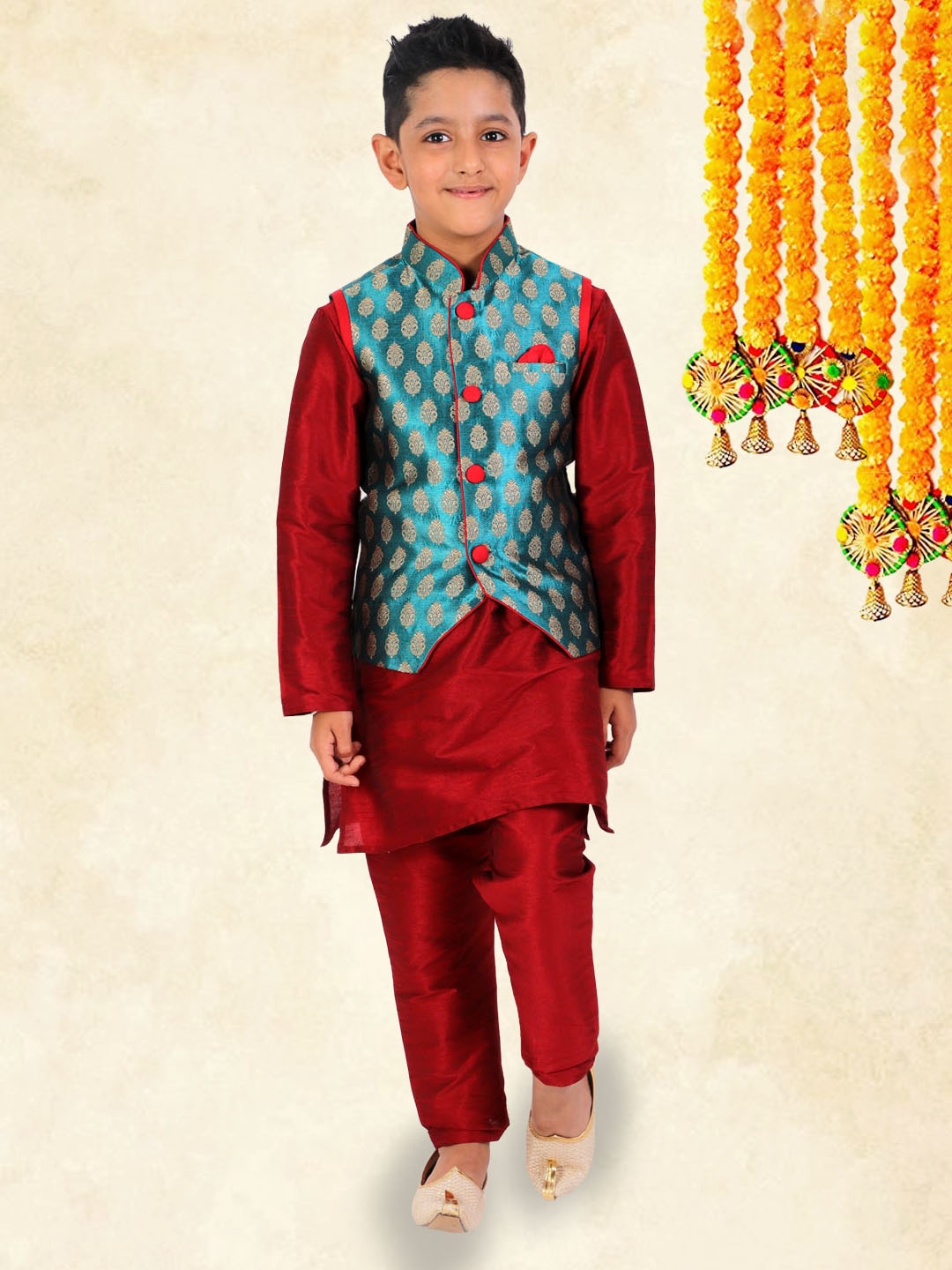 

YK Boys Maroon & Blue Layered Straight Kurta with Pyjamas And Nehru Jacket