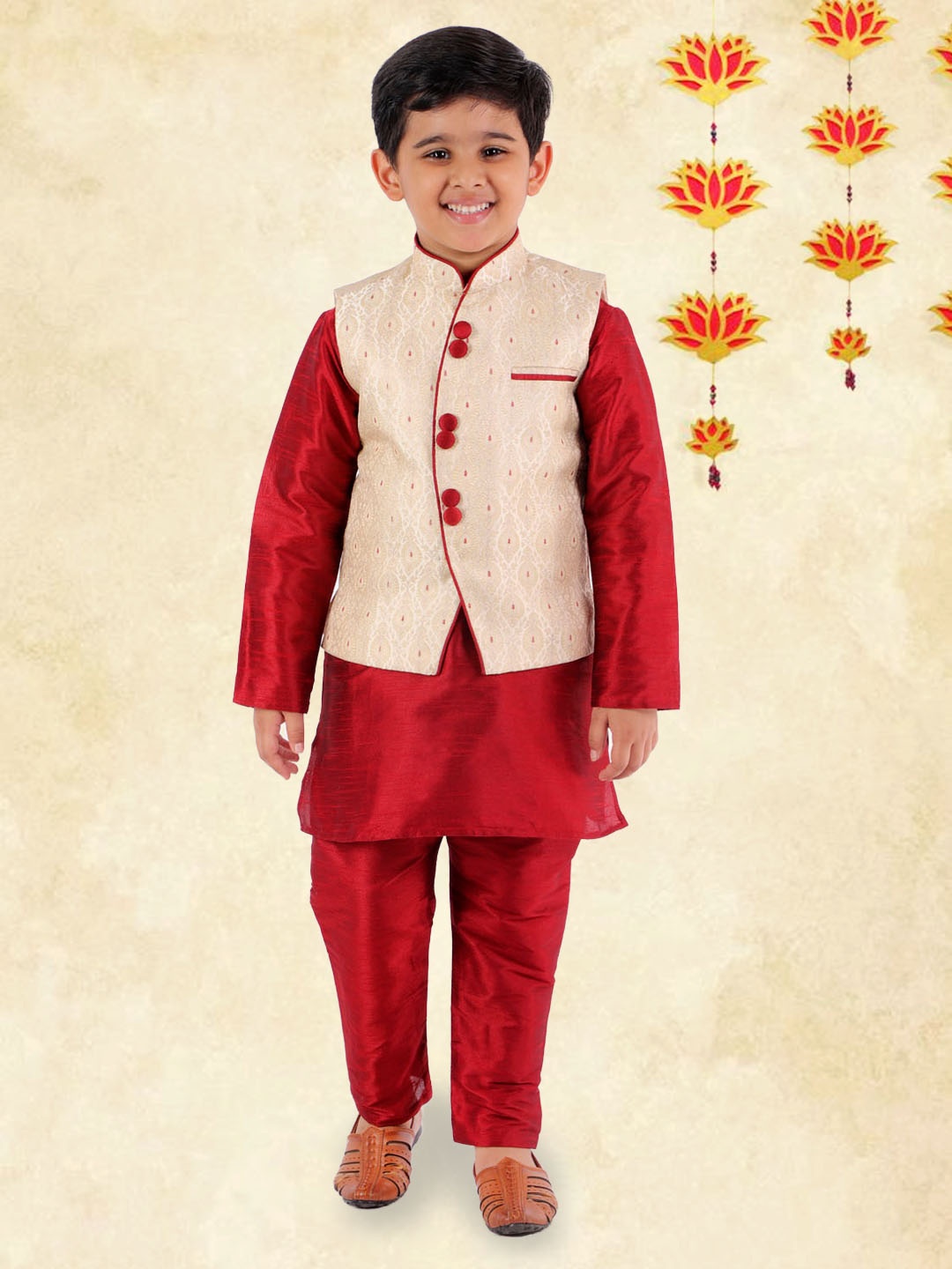 

YK Boys Maroon & Cream Ethnic Motifs Layered Kurta with Pyjama & Nehru Jacket