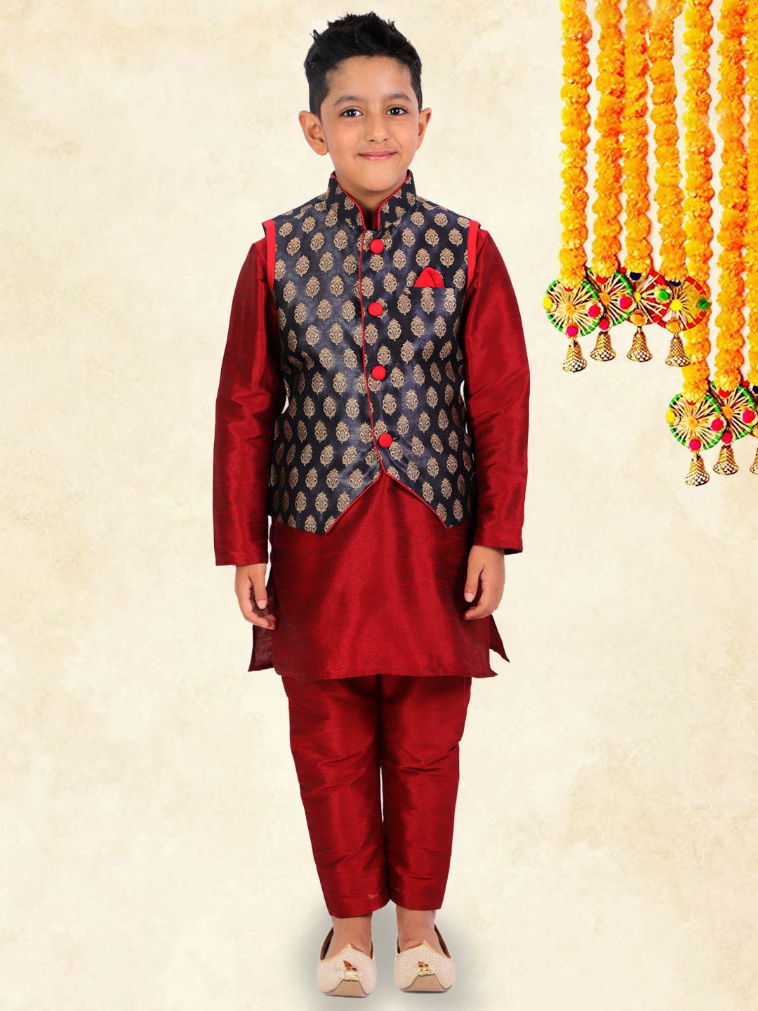 

YK Boys Maroon Straight Kurta with Pyjamas & Nehru Jacket