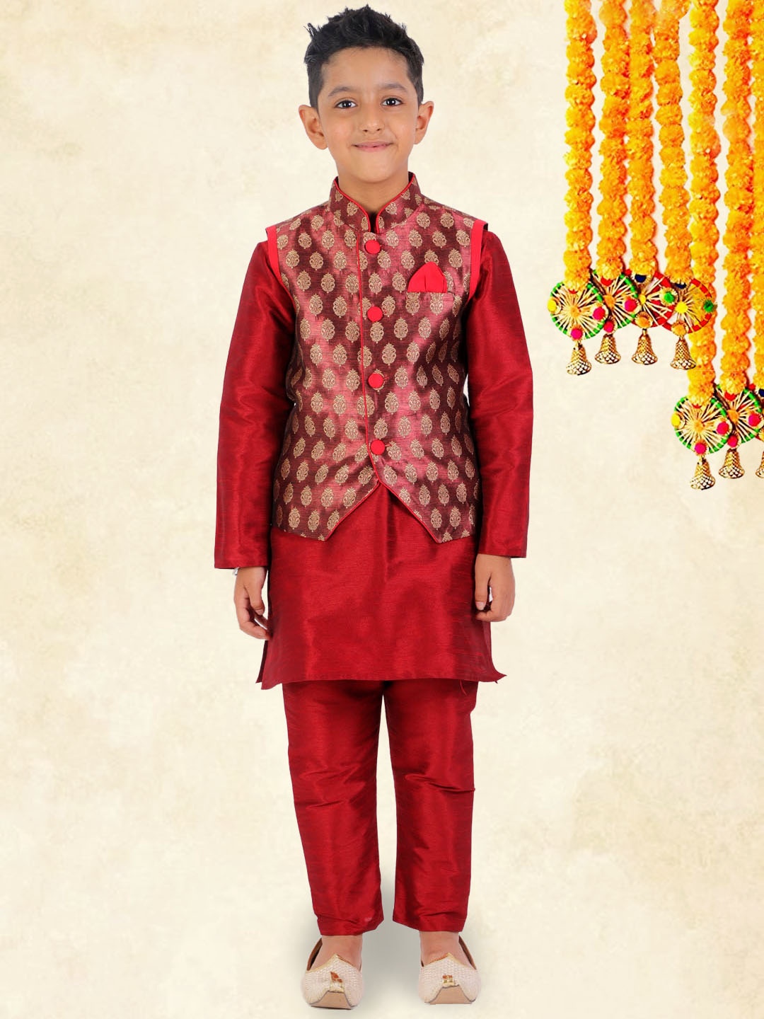 

YK Boys Maroon & Red Straight Kurta with Pyjamas And Nehru Jacket
