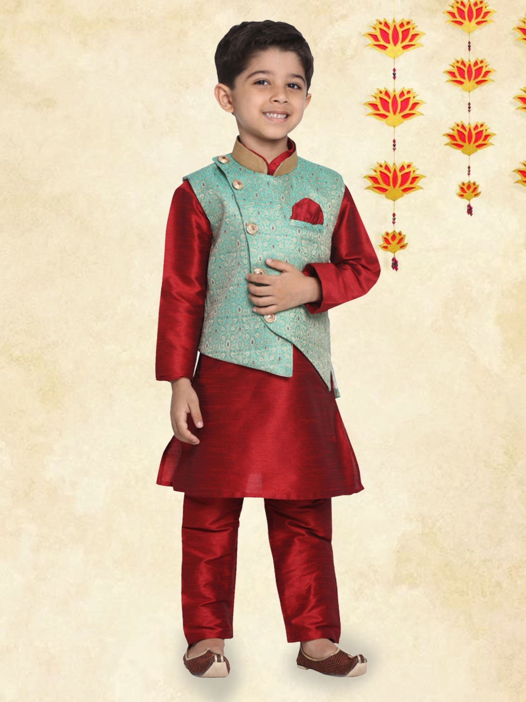 

YK Boys Maroon & Turquoise Green Kurta with Pyjamas & Nehru Jacket