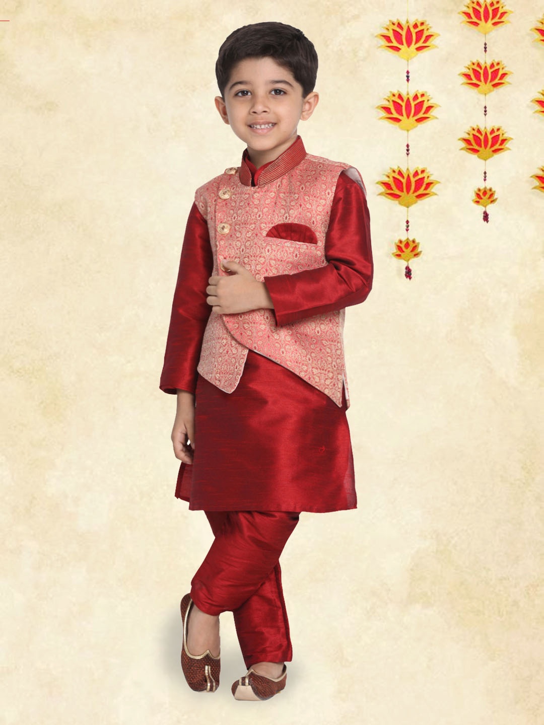 

YK Boys Maroon & Peach Straight Kurta with Pyjamas & Nehru Jacket