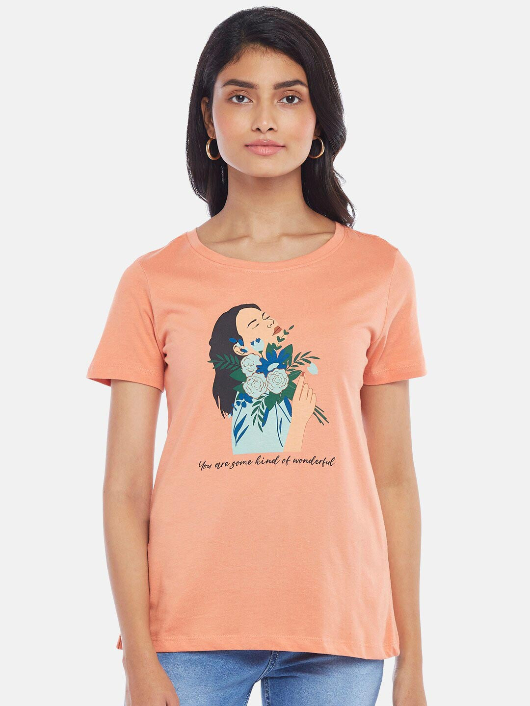 

Honey by Pantaloons Women Peach-Coloured & Blue Printed T-shirt