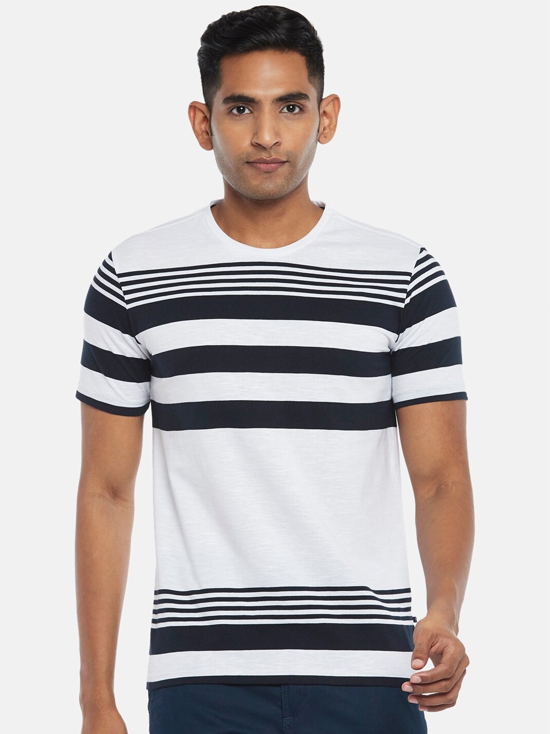 

Urban Ranger by pantaloons Men White Striped Slim Fit T-shirt
