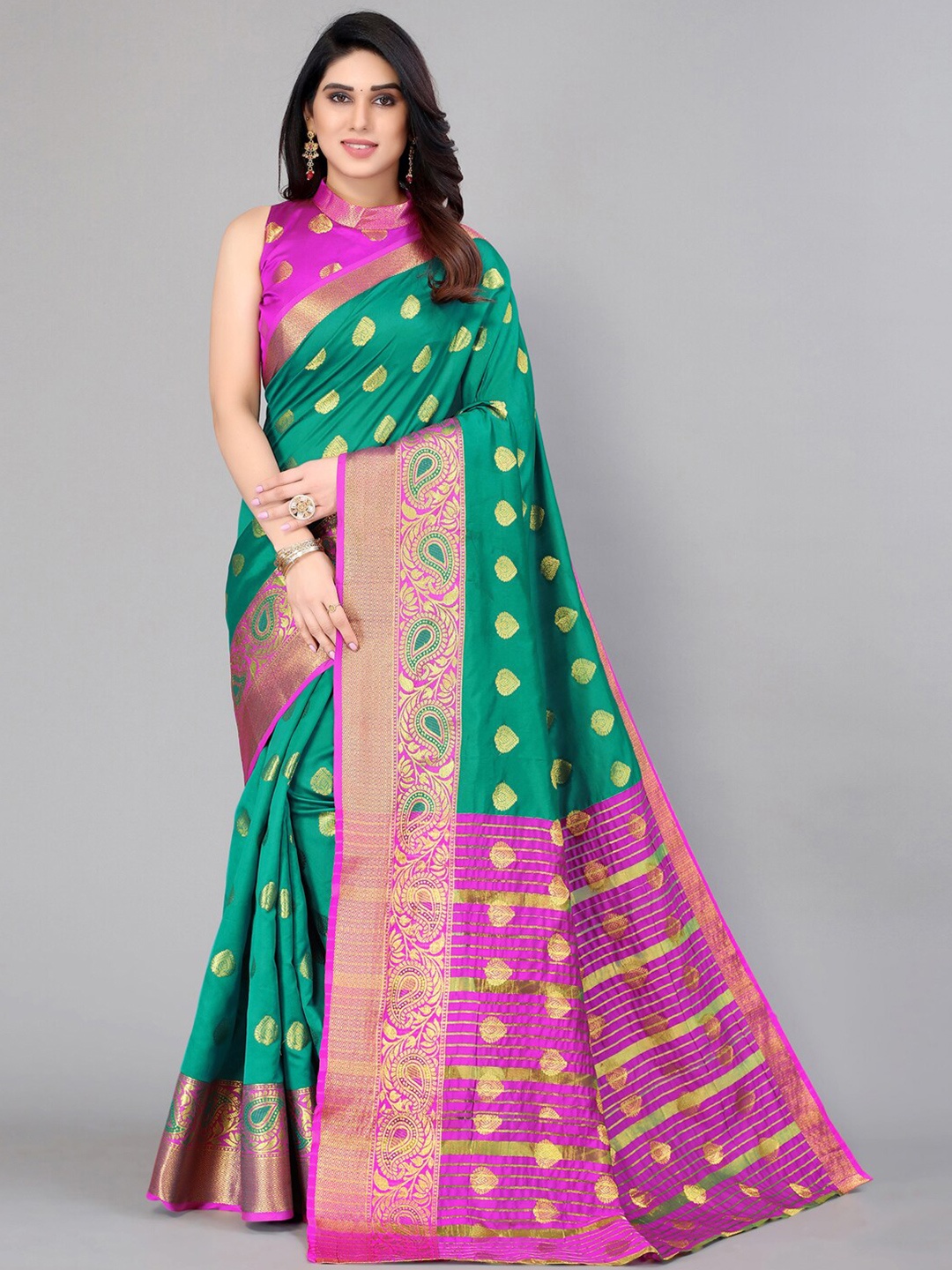 

Mitera Green & Pink Woven Design Zari Banarasi Saree