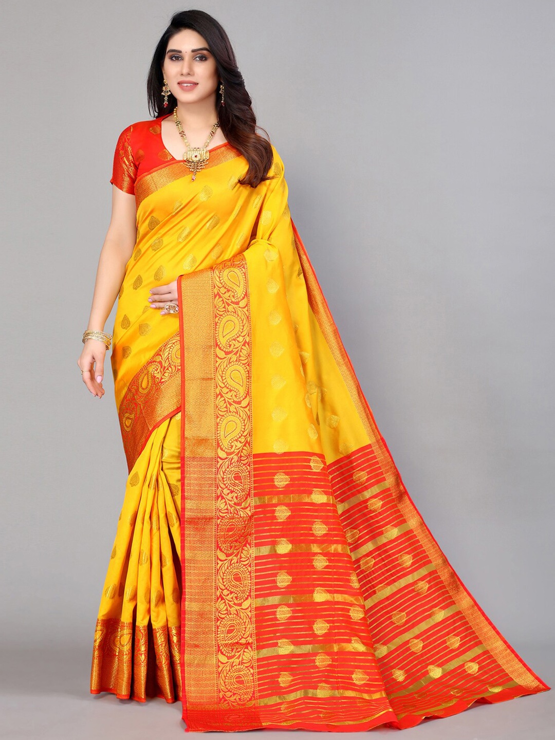 

Mitera Yellow & Red Woven Design Zari Banarasi Saree