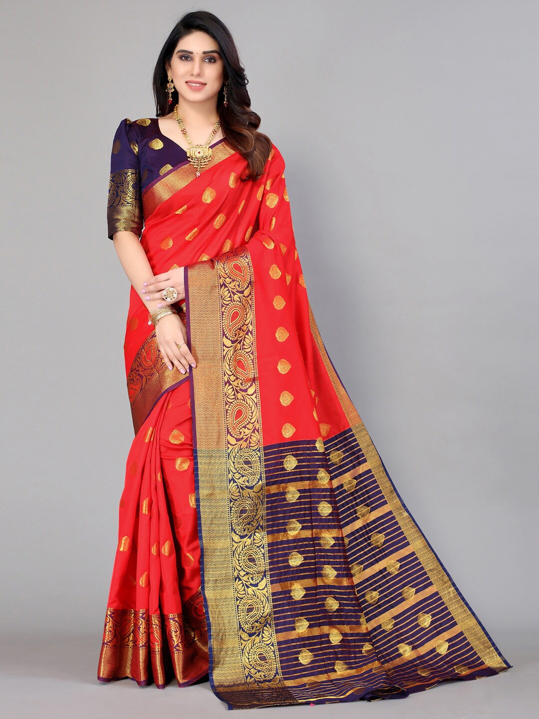 

Mitera Women Red & Blue Woven Design Zari Banarasi Saree