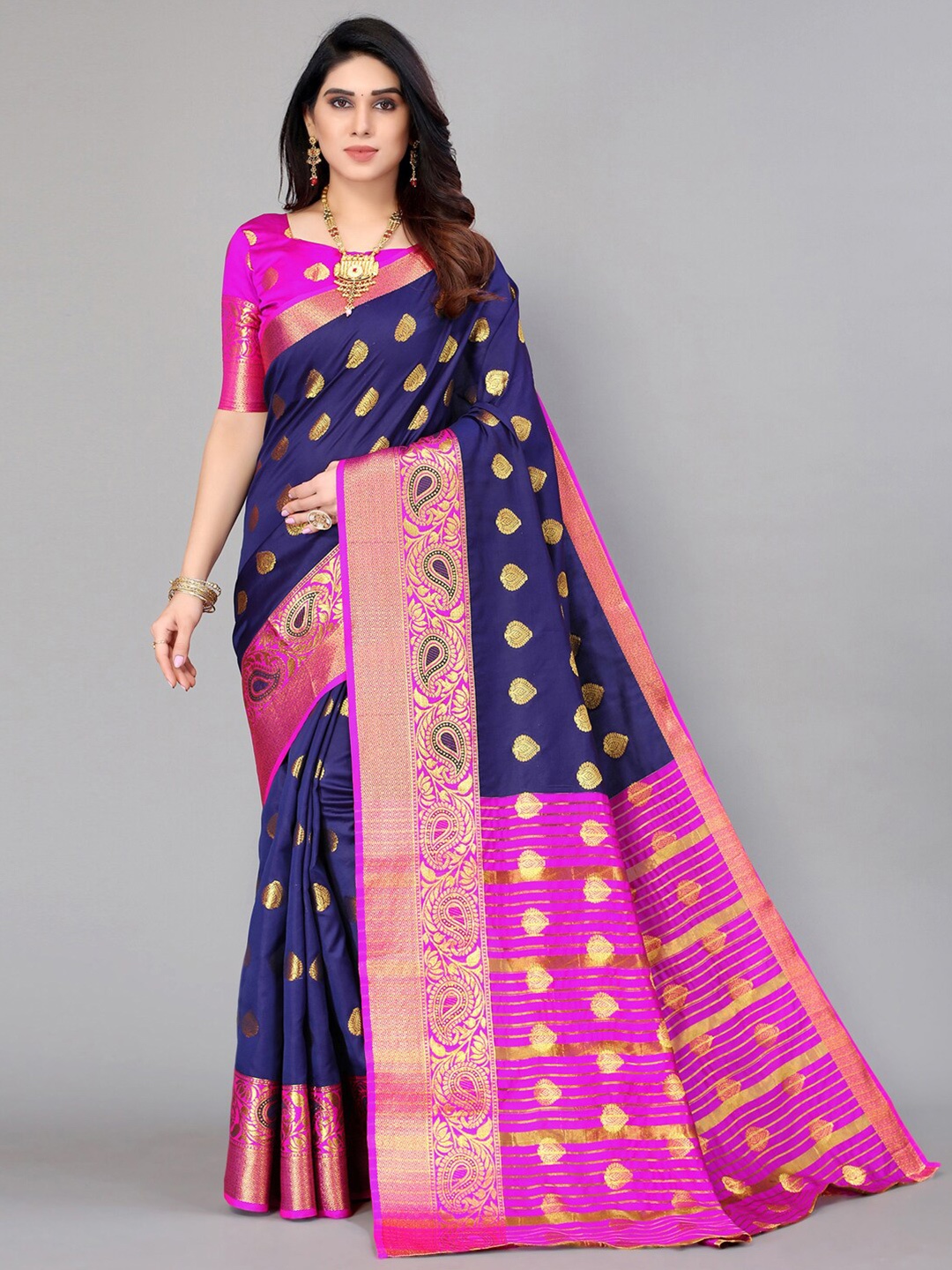 

Mitera Navy Blue & Pink Woven Design Zari Banarasi Saree