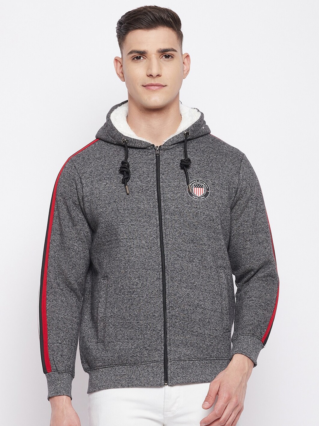 

NEVA Men Grey Solid Hooded Sweatshirt