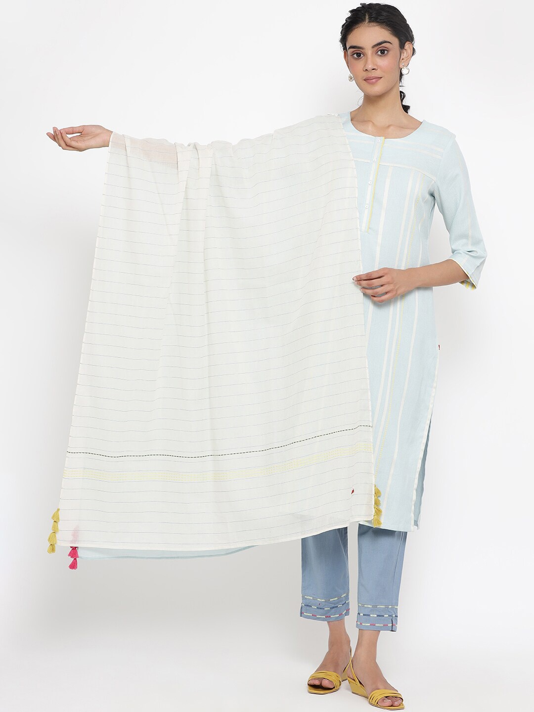 

W Women White & Blue Striped Pure Cotton Dupatta