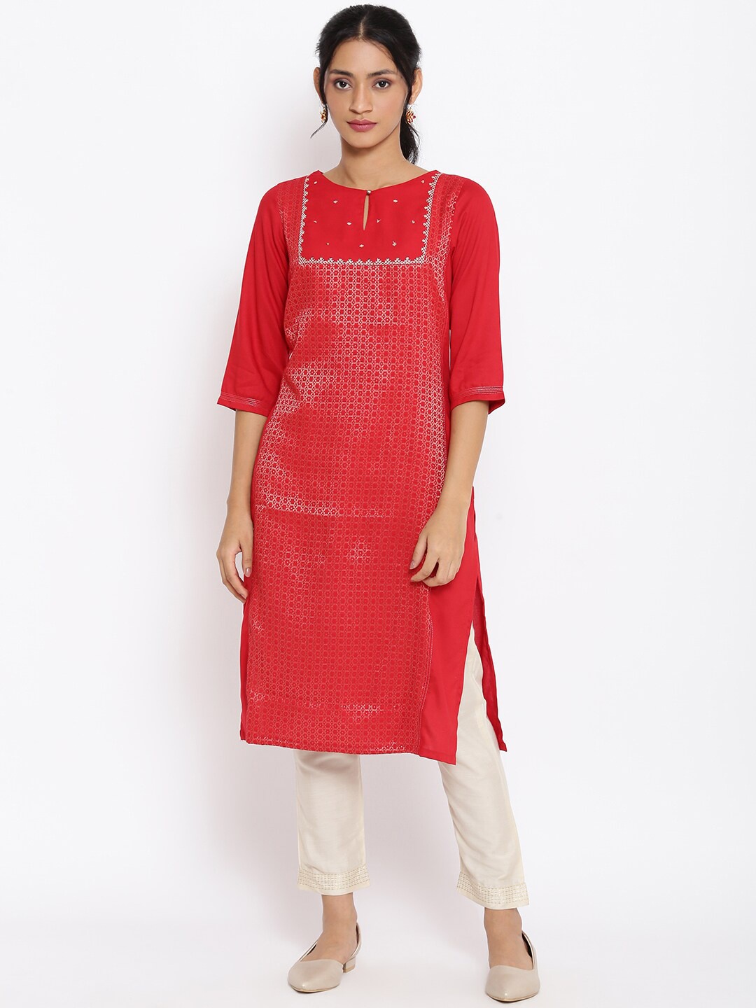 

W Women Red Keyhole Neck Woven design Viscose Rayon Kurta