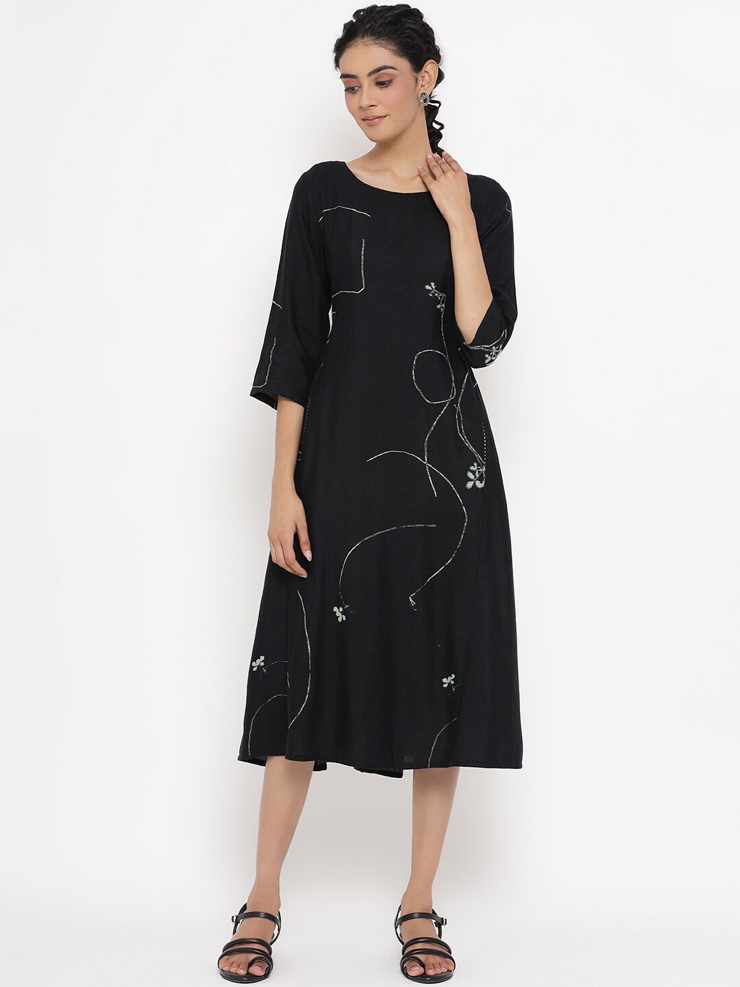 

W Women Black A-Line Midi Dress